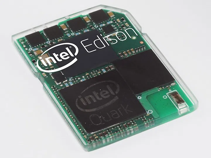 Intel Edison development board in the size of a tiny SD card sized housing.