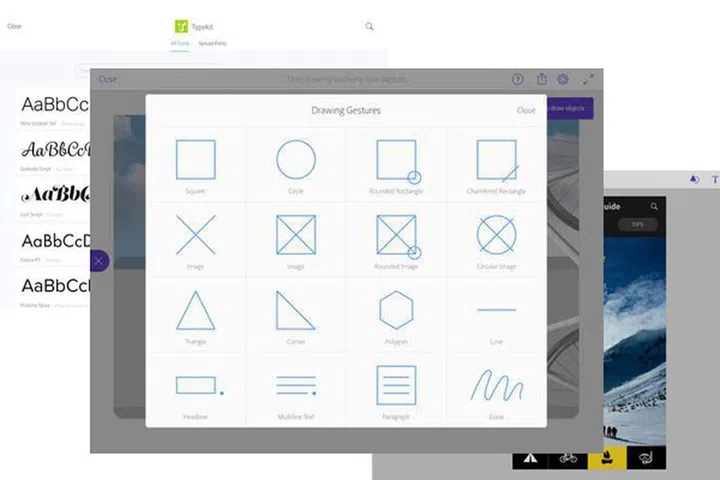 Drawing gestures, font libraries, and full layout options are accessible via Creative Cloud. 