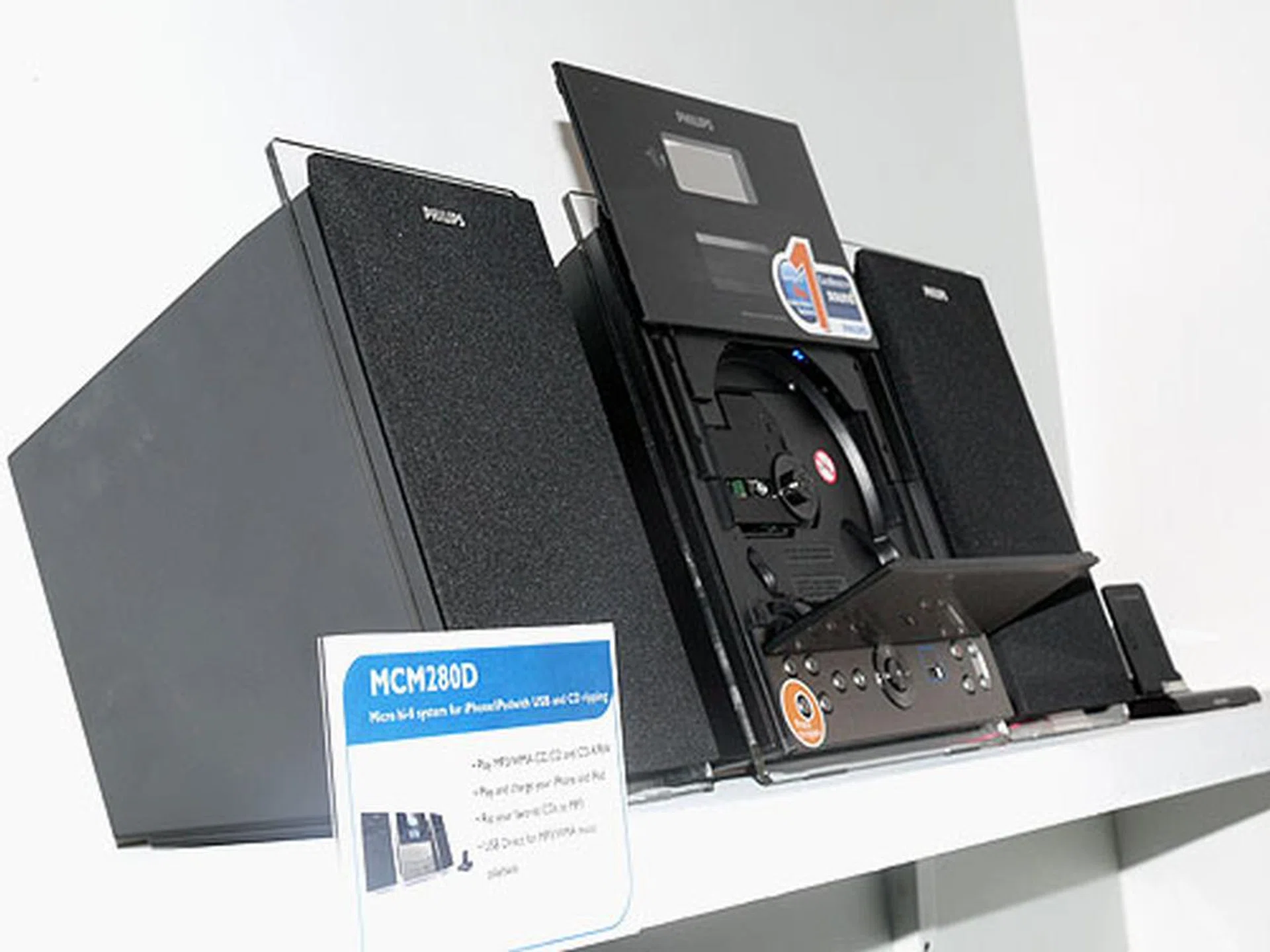 Another micro HiFi system is the MCM280D, which has a dock for your iPod or iPhone and a remote that can control these devices when docked. This system allows for ripping of your CDs to MP3 format and you can simply listen to your MP3s by plugging in a storage device via the USB port.