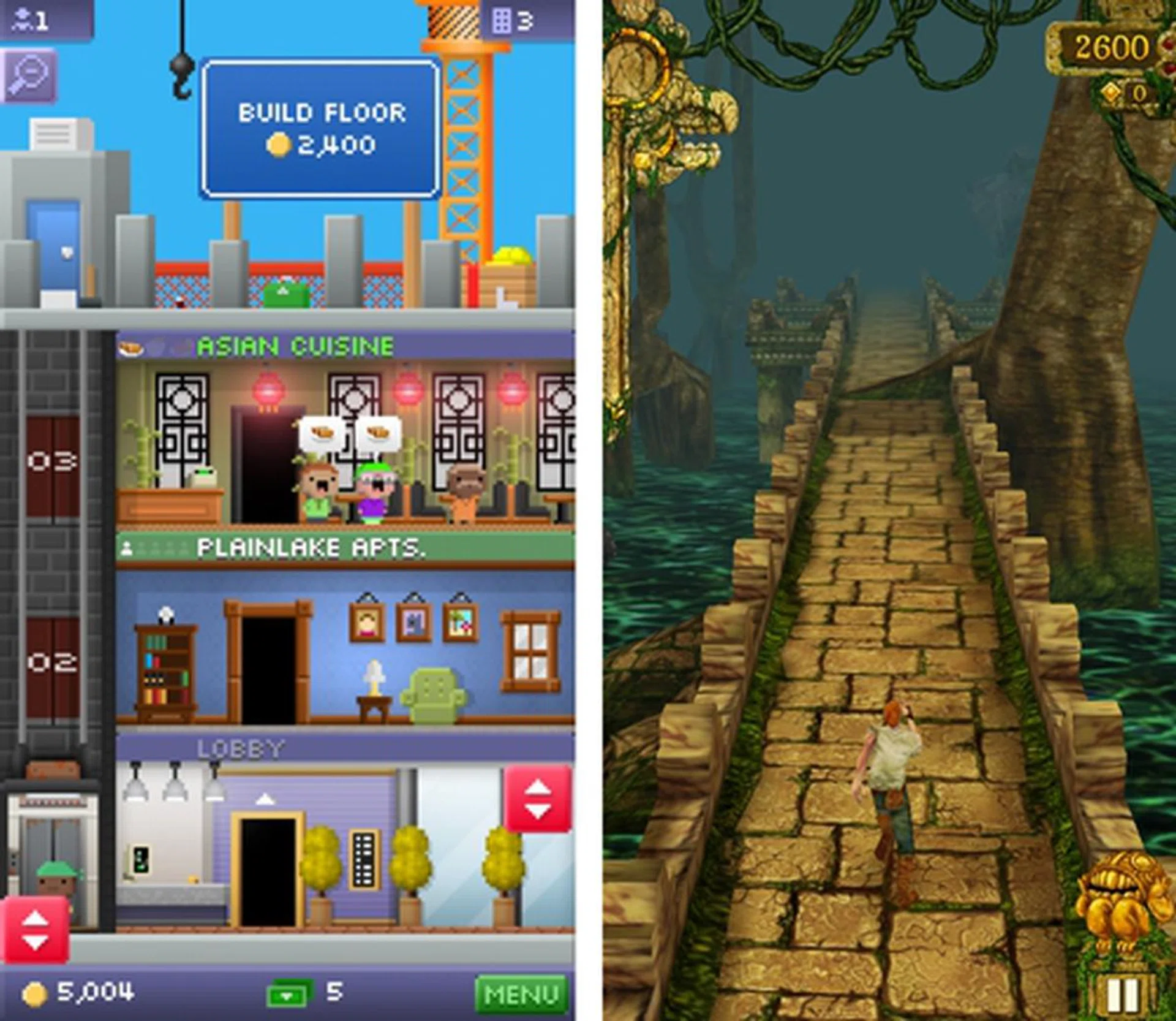 Portrait games like Tiny Towers and Temple Run play better on the iPhone 5 due to the increased real estate.