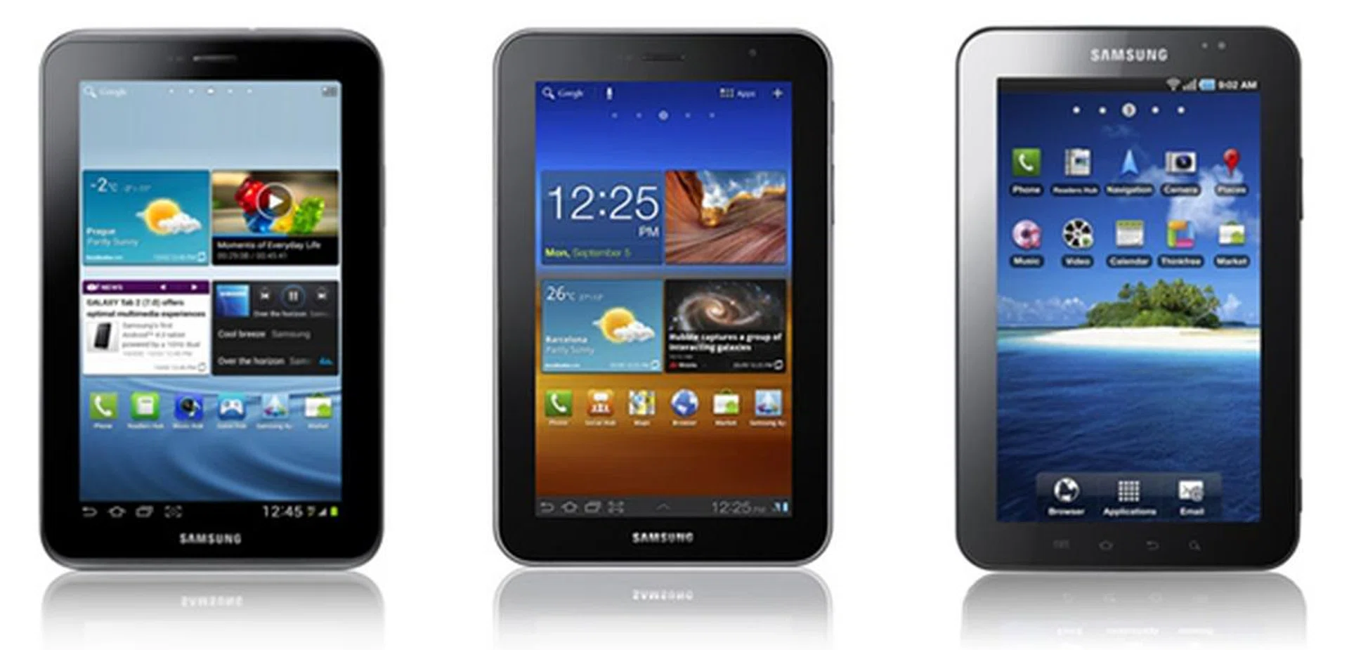 The Samsung Galaxy Tab 2 (7.0) 3G on the left, the Galaxy Tab 7.0 Plus in the center, and its predecessor, the original Galaxy Tab on the right.