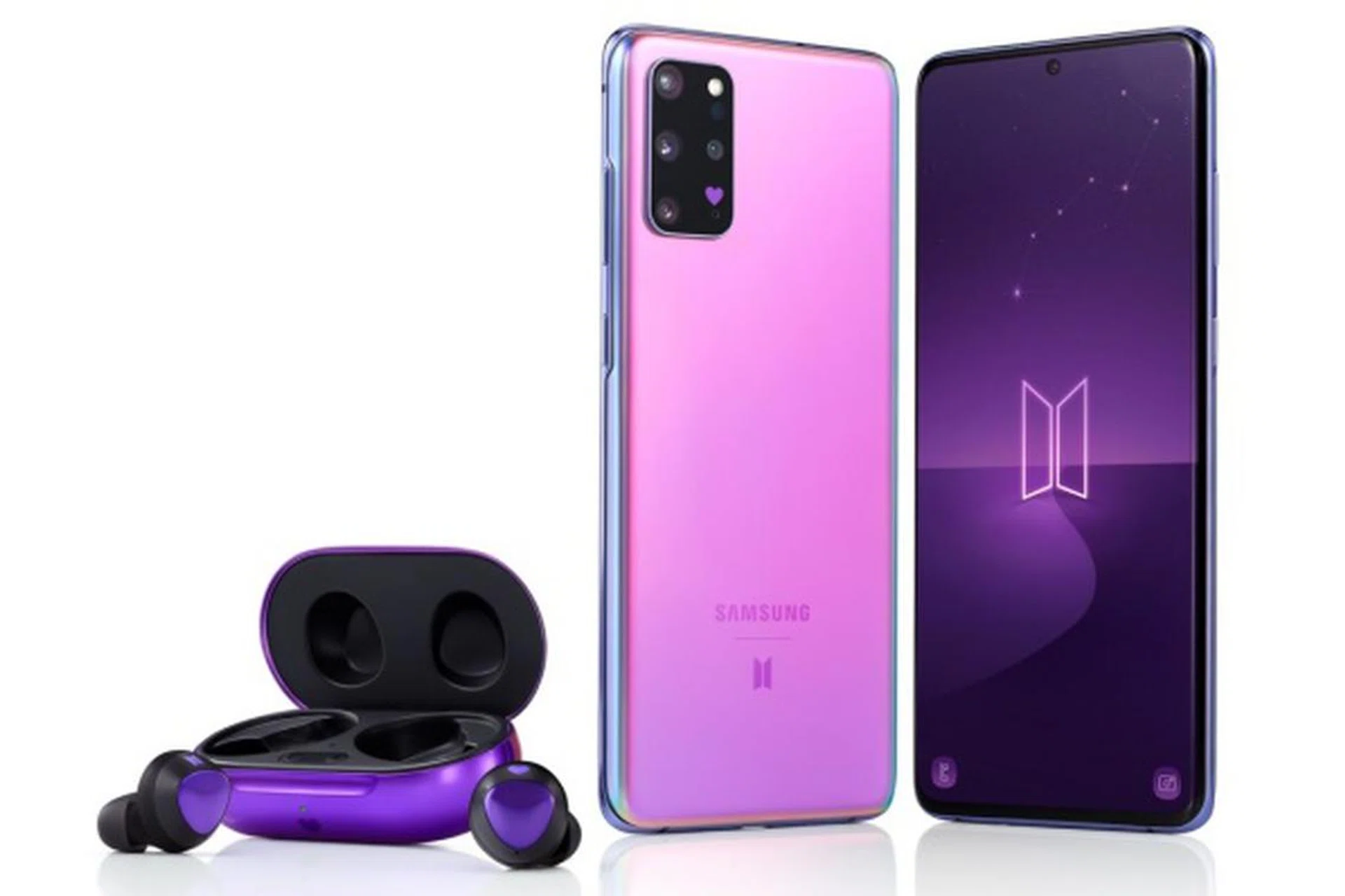 The Samsung Galaxy S20+ and Galaxy Buds+ BTS Edition. <br>Image source: Samsung