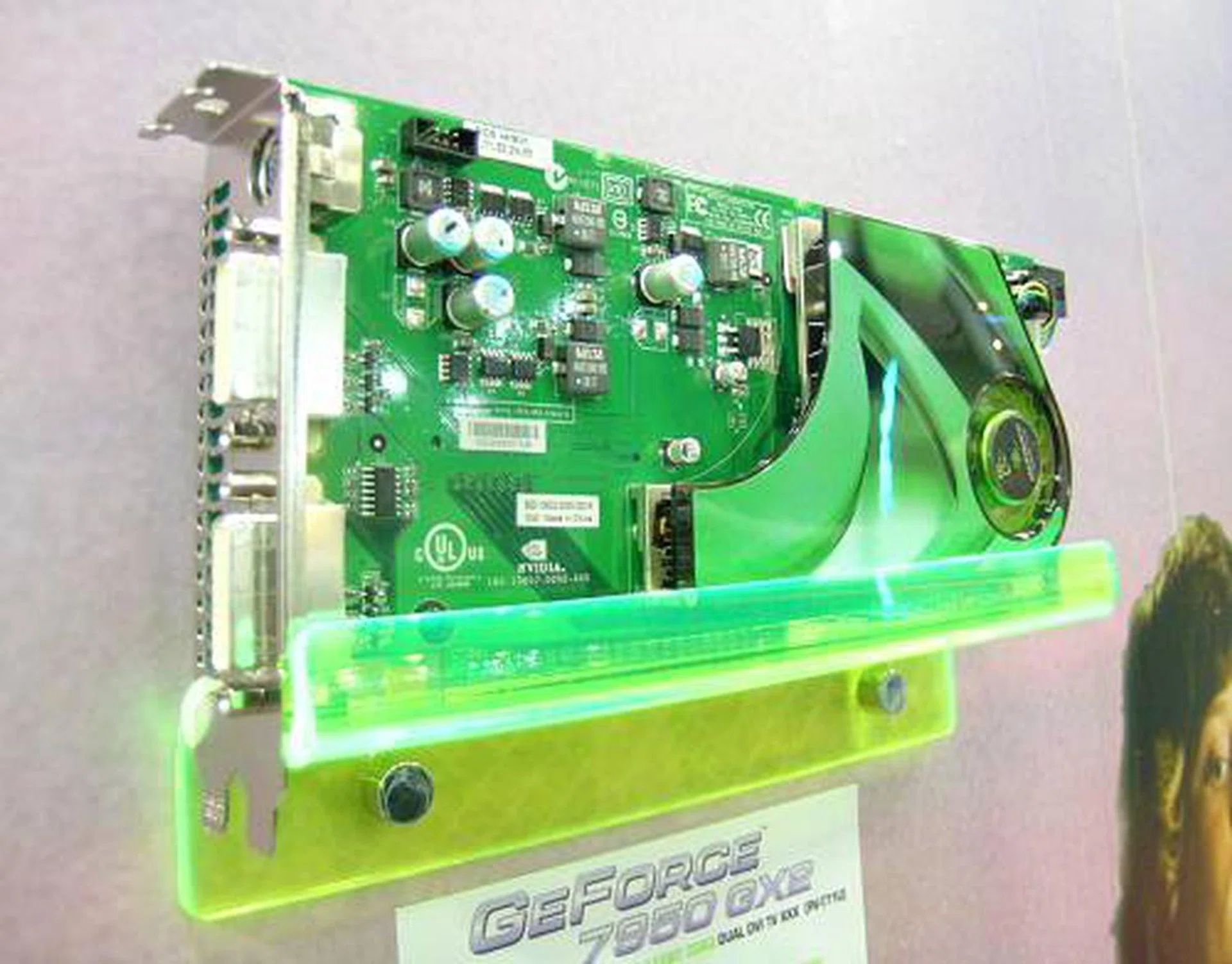 XFX GeForce 7950 GX2 570MXXX edition. This baby is stock overclocked to 570MHz core and 1.55GHz memory clock. Other specs like dual-link DVI and HDCP are standard.