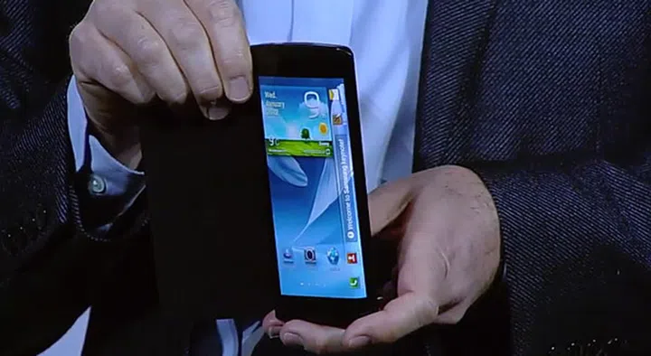 A Samsung Youm prototype device with a bended display was shown at CES 2013. (Screenshot from SamsungTomorrow CES 2013 keynote video.)