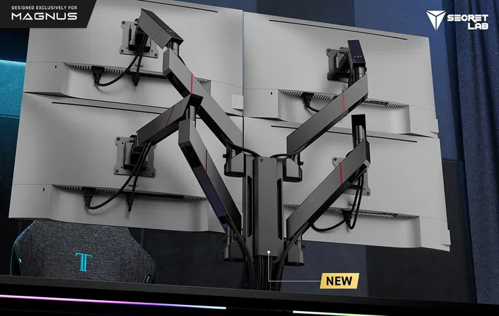 How the Vertical Monitor Stand handles a 2x2 monitor grid, with cable management channels on the back. (Image source: Secretlab)