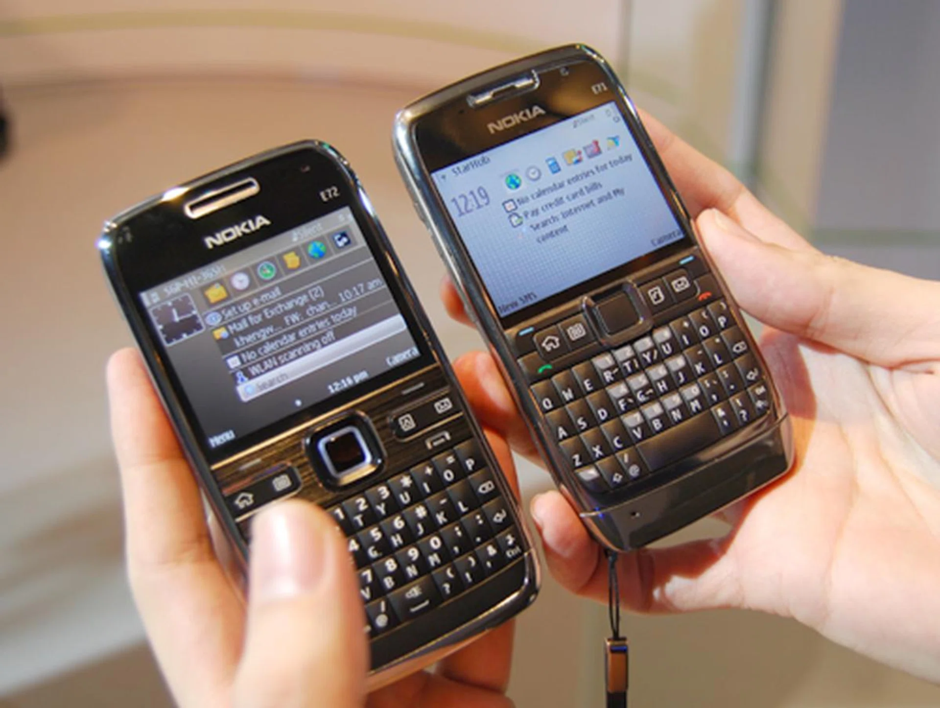  A quick comparison between the Nokia E72 (left) and the Nokia E71 keyboards. At first glance, the individual keys on the E72 are wider than its predecessor, and tactile feedback from the succeeding device is just as good as what we experience with the E71.  
