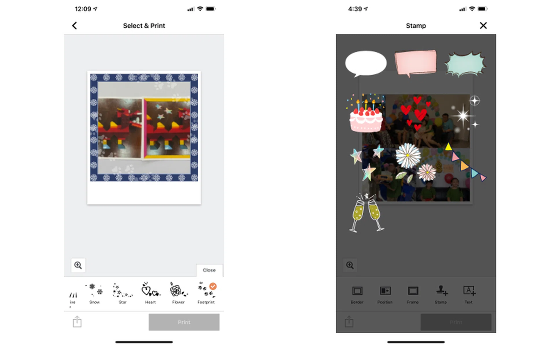 Some of the editing options available like adding frames, stamps, and borders