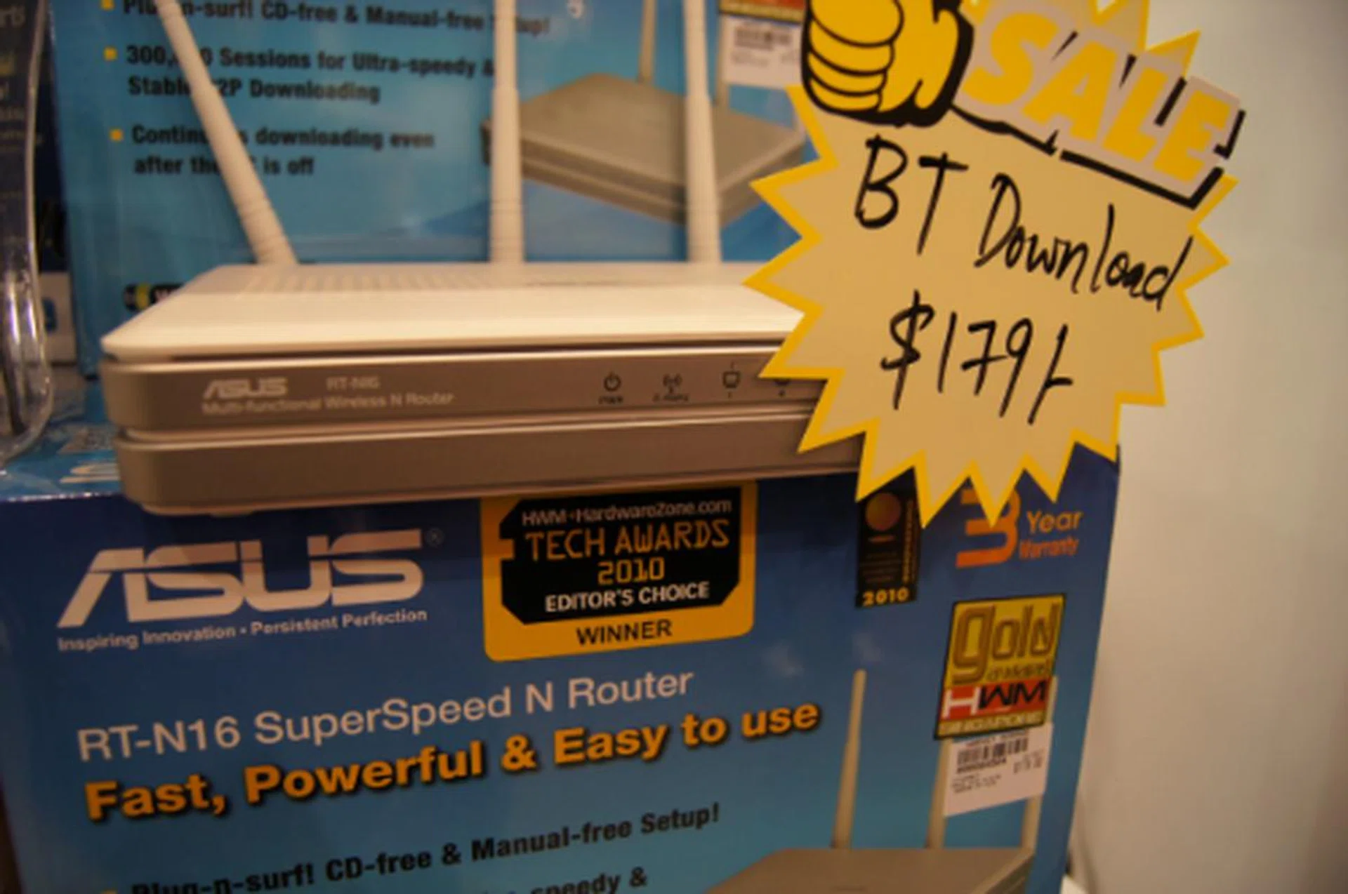 The RT-N16 multifunctional router is a good solution for homes and small businesses. Also supports downloading while computer is off. Get this storage, printer and media server at $179. It's our Tech Awards 2010 winner for wireless-N routers, so you can't go wrong with this one :)