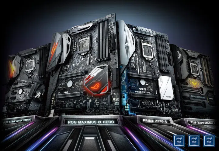 From left to right: The ASUS ROG Strix Z270F Gaming, ROG Maximus IX Hero, Prime Z270-A, and the TUF Z270 Mark 1.