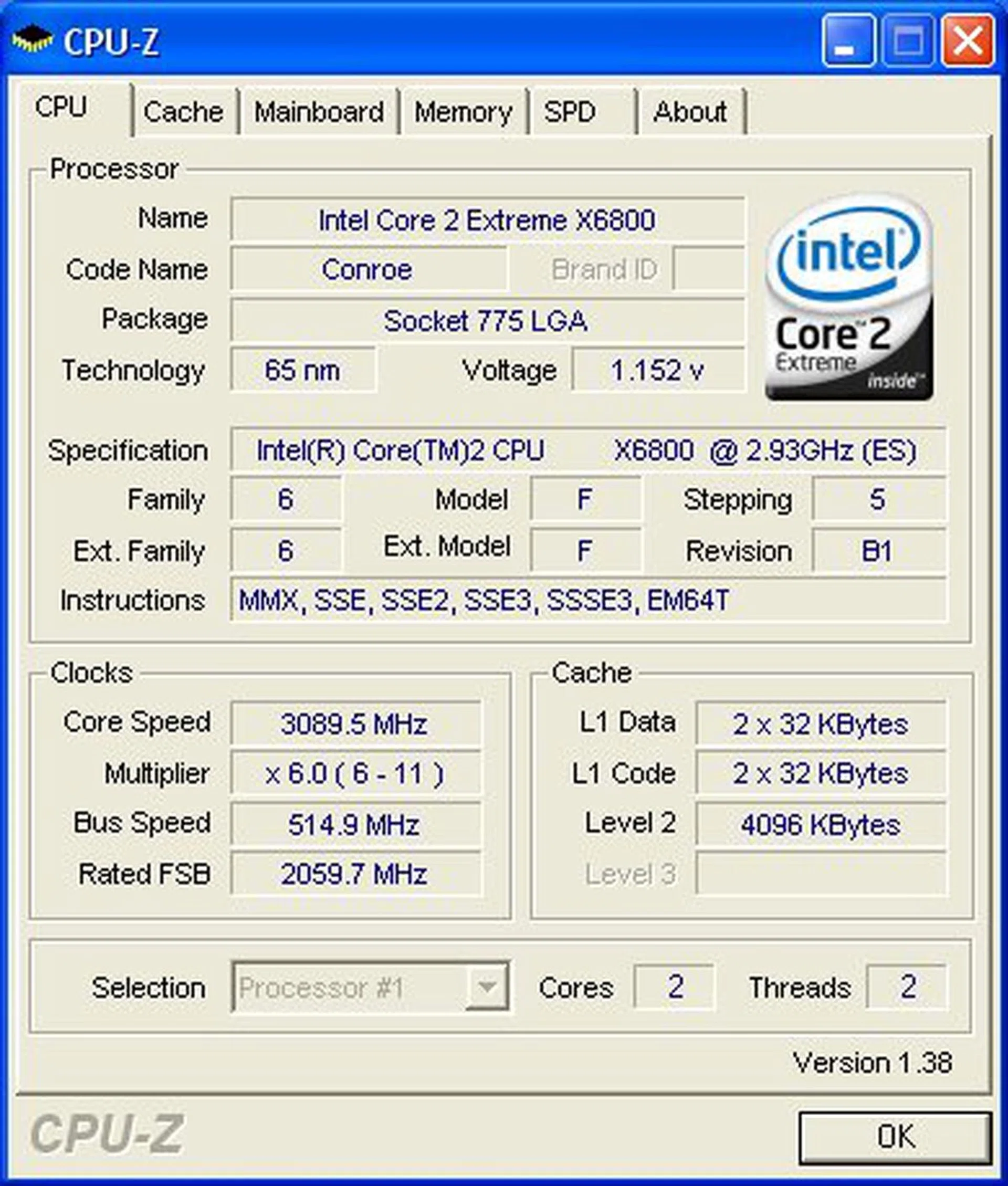 Final overclock CPU-Z screenshot. We have a X6800 CPU with a B1 stepping.
