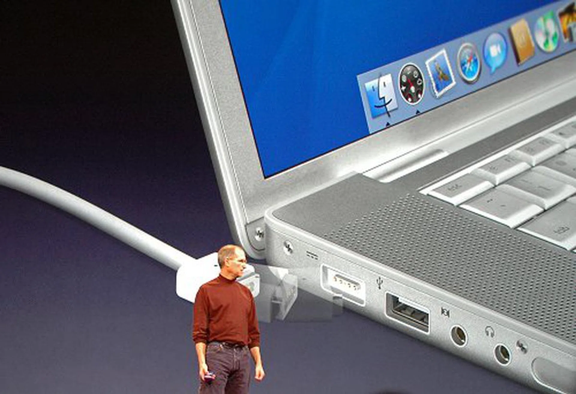 The MagSafe Power Connector being demonstrated by Steve Jobs as a solution to safeguard your notebook from careless users tripping on the power cable.
