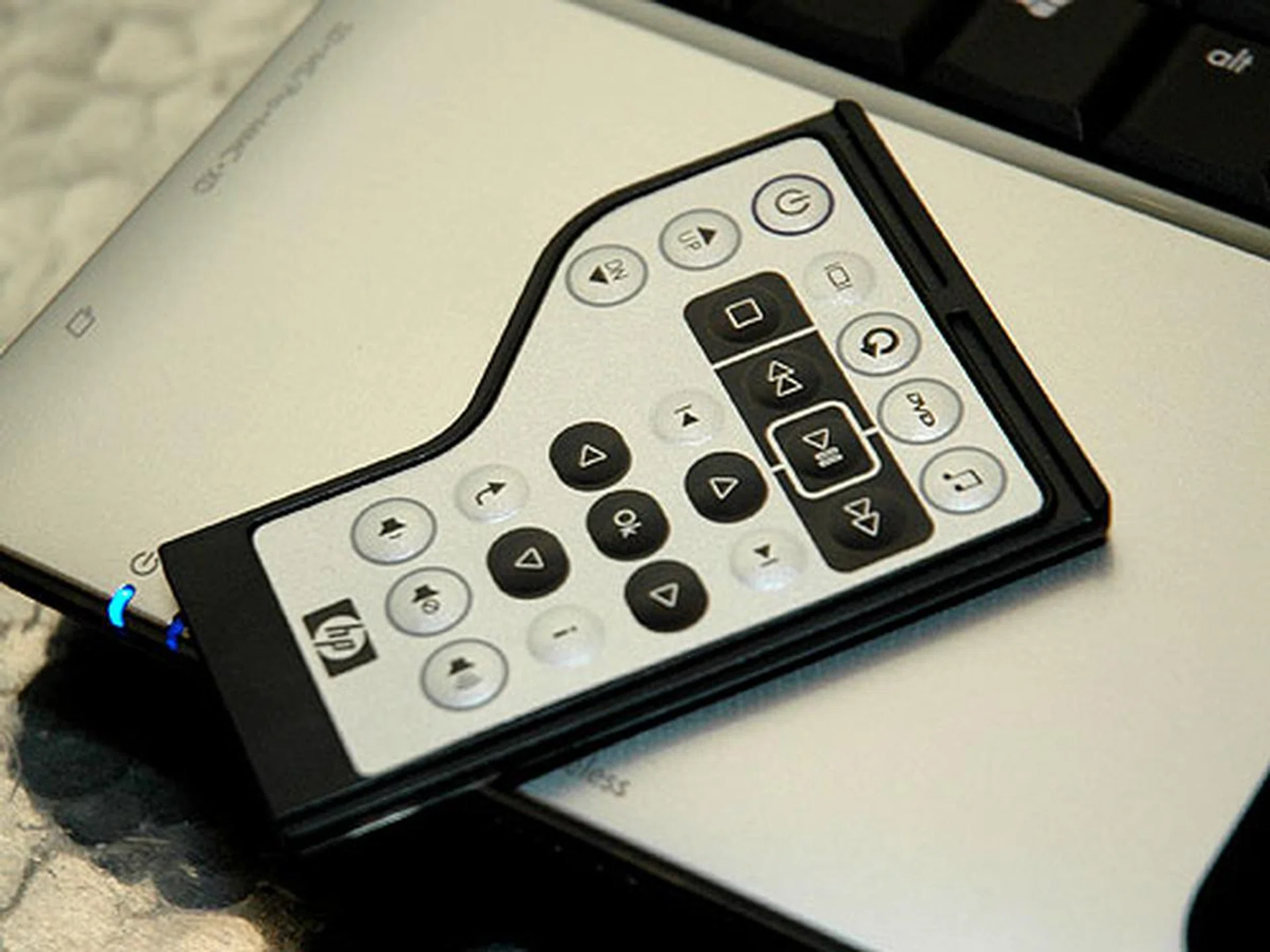 The HP Mobile Remote Control is stored in the ExpressCard slot and it gives you control of the notebook from up to 10 feet away.