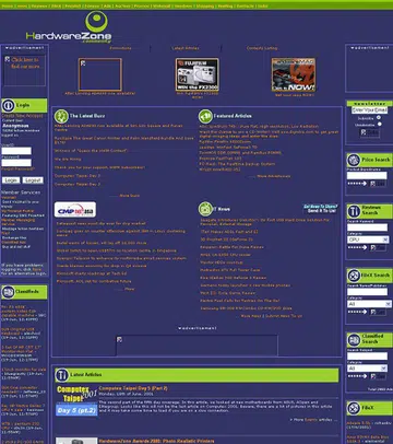 In 2001, HardwareZone was still based on the same purple-motif, but it saw some layout changes to better accommodate more services and had a brand new logo that represents the online portal even today. Click for a lager view.