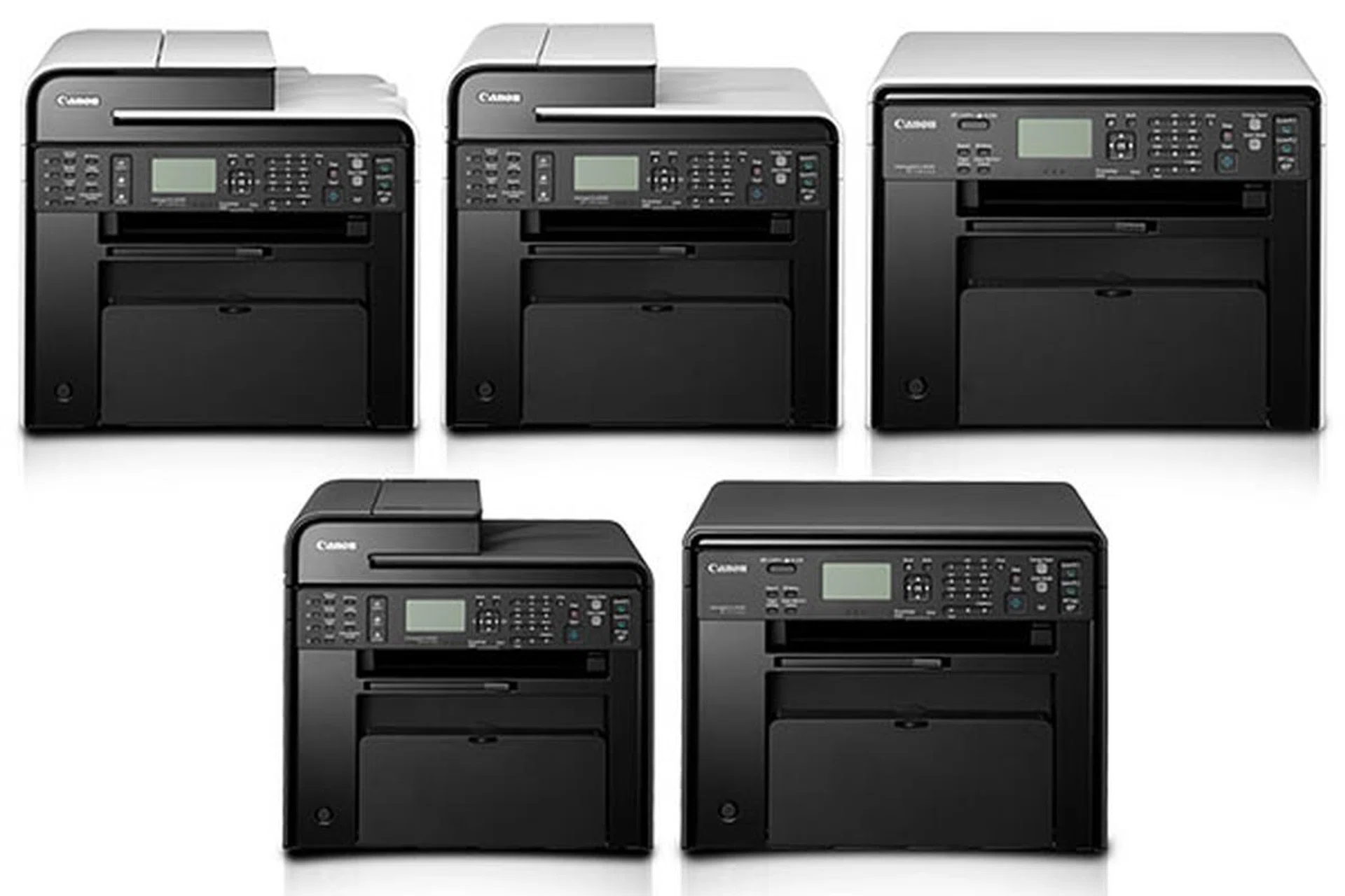 From top: The Canon Imageclass MF4890dw, MF4870dn, MF4820d, MF4750, and MF4720w mono laser MFPs.