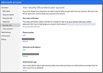 Two-factor authentication comes to Microsoft account. (Image source: Microsoft.)
