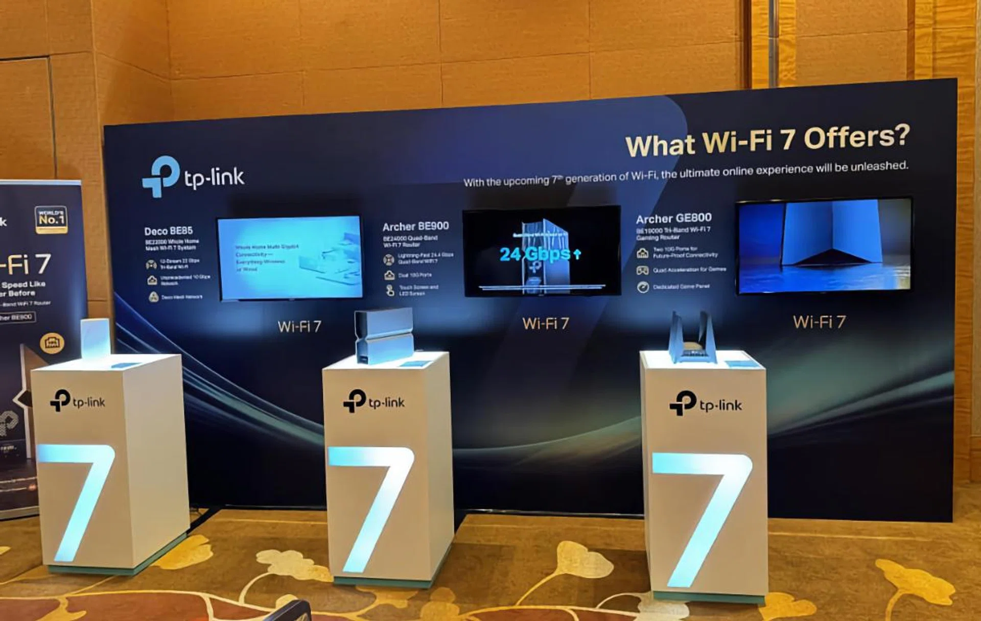 TP-Link Wi-Fi 7 routers on display.