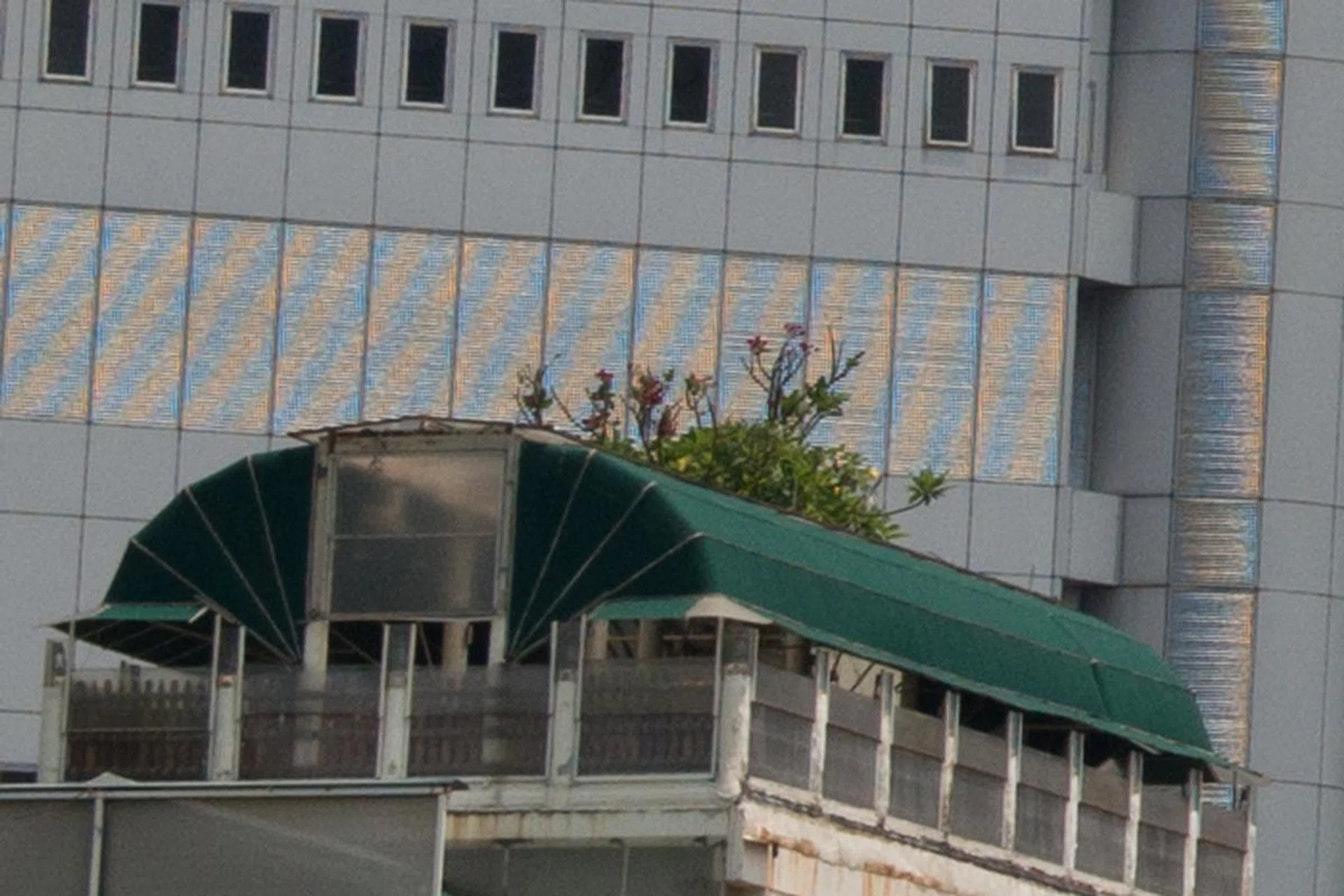 100% crop of the previous image. The grills on the bottom left building show visible moiré patterns.