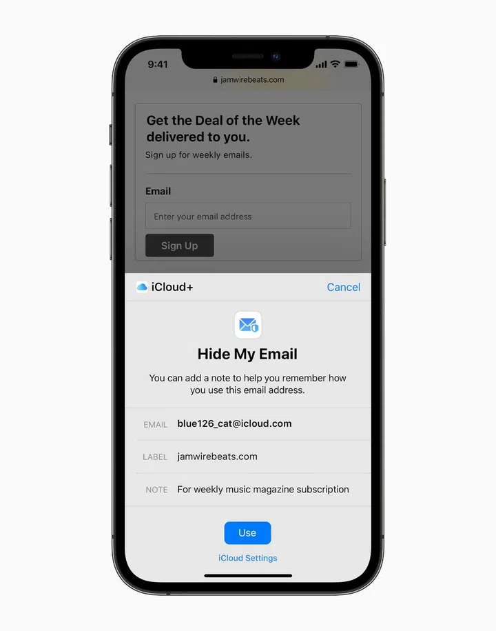 Hide My Email lets you subscribe to newsletter or shopping services without giving away your actual email. (Image source: Apple)
