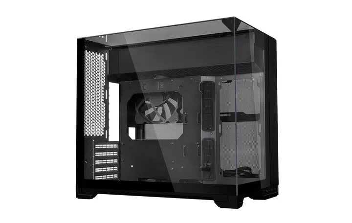 The Vision-M features glass on the top, front and side panels; a removable divider (above the motherboard tray in this image) hides the radiator.