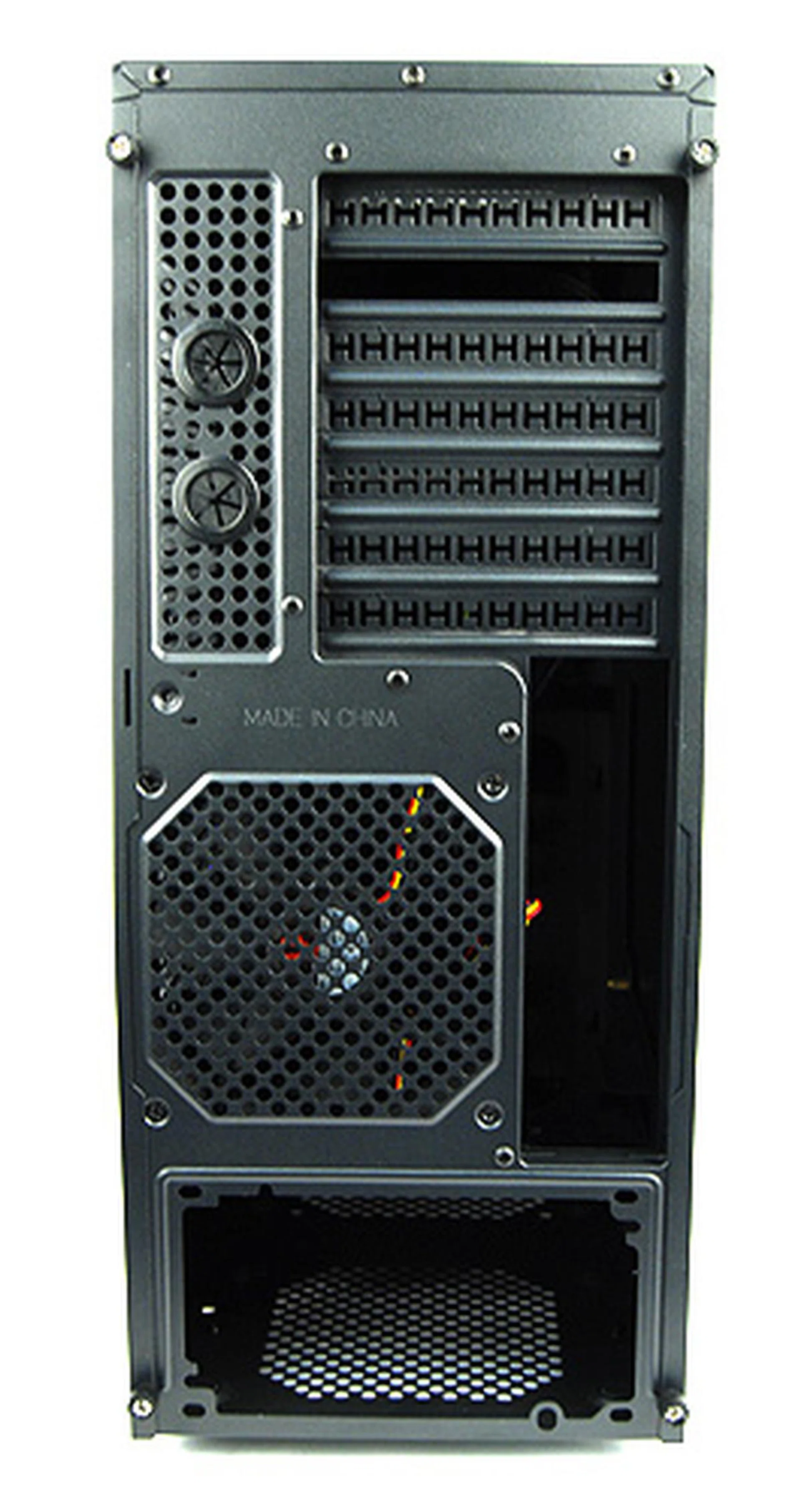 The rear panel is pretty standard fare with the exception of the unusual placement of the expansion slots and I/O panel. Note the two grommets for liquid cooling setups.