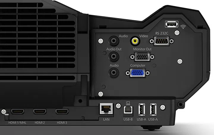 Both analog and digital I/Os are found on the projector. Wired LAN is supported natively, but wireless LAN requires a dongle. (Image source: Epson.)