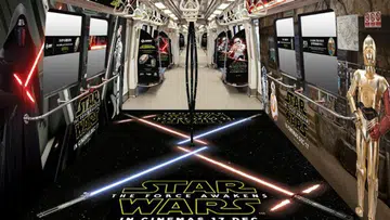 The artist's impression of the trains looks a bit one sided. The First Order gets a lot of representation, but the New Republic/ Resistance only gets Threepio, Artoo and BB-8. Image source: SMRT.