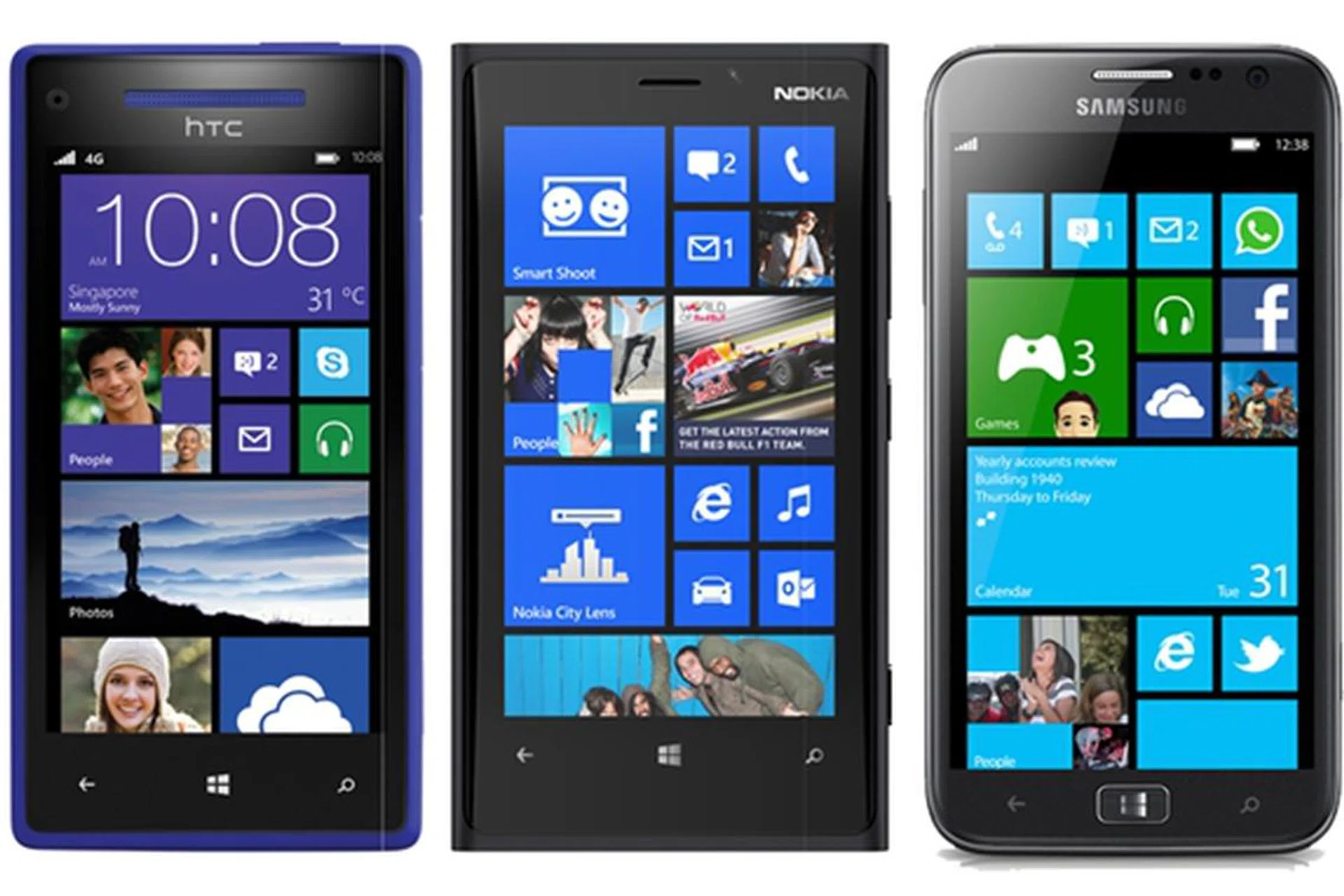 From left to right: Windows Phone 8X by HTC, Nokia Lumia 920 and Samsung Ativ S.