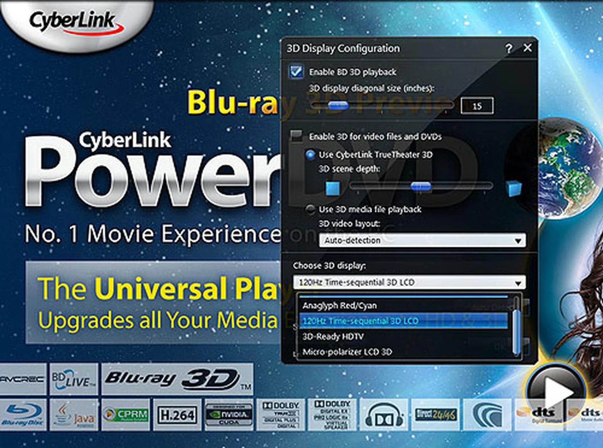 There's a 3D configuration menu in CyberLink that allows you to enable/disable the feature. CyberLink's own TrueTheater 3D can also create a pseudo 3D effect dynamically on non-3D video files and DVDs. It's like 'upscaling to HD' but you get spatial 3D instead.