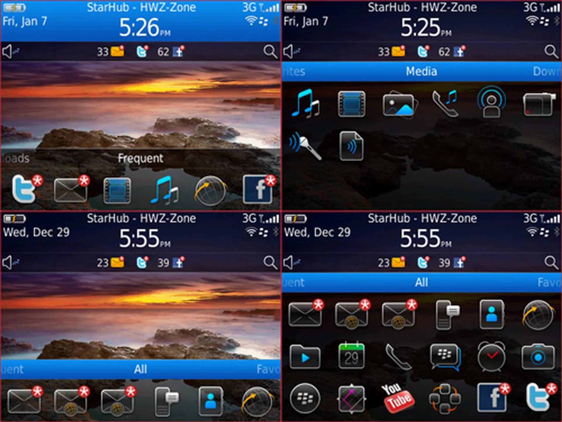 There are some slight differences to BlackBerry 6 OS as seen on the BlackBerry Torch 9800. However, the same concept holds true across this new BlackBerry OS, including various dropdown menus and a single home page with multiple categories. 