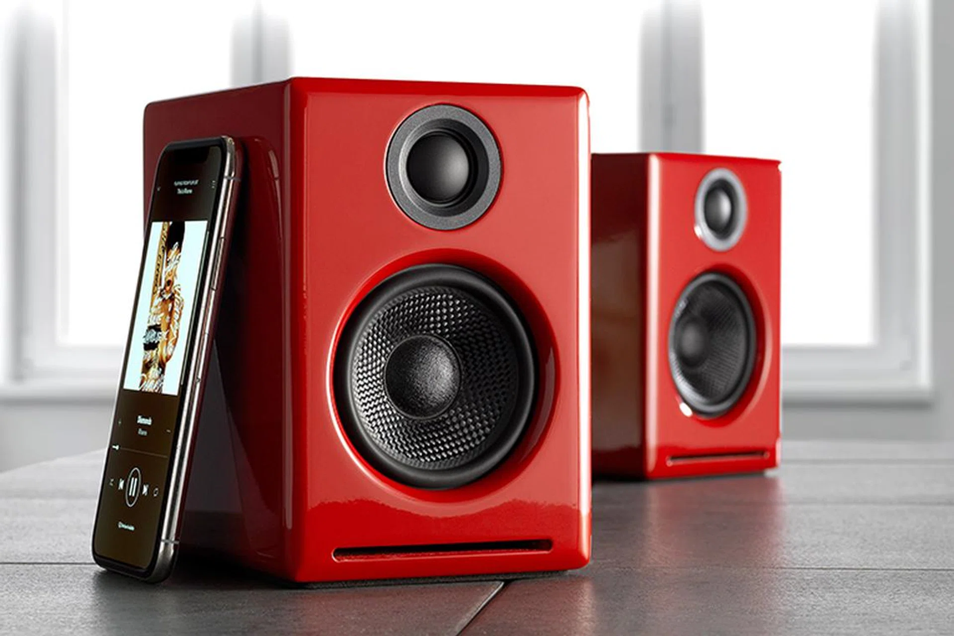 The Audioengine A2+ comes in three finishes: satin black, hi-gloss red, and hi-gloss white. (Image source: Audioengine)