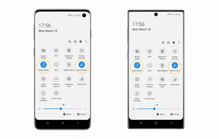 Quick Share and Music Share available on the Galaxy S10 (left), Quick Share and Music Share available on the Galaxy Note10 (right).