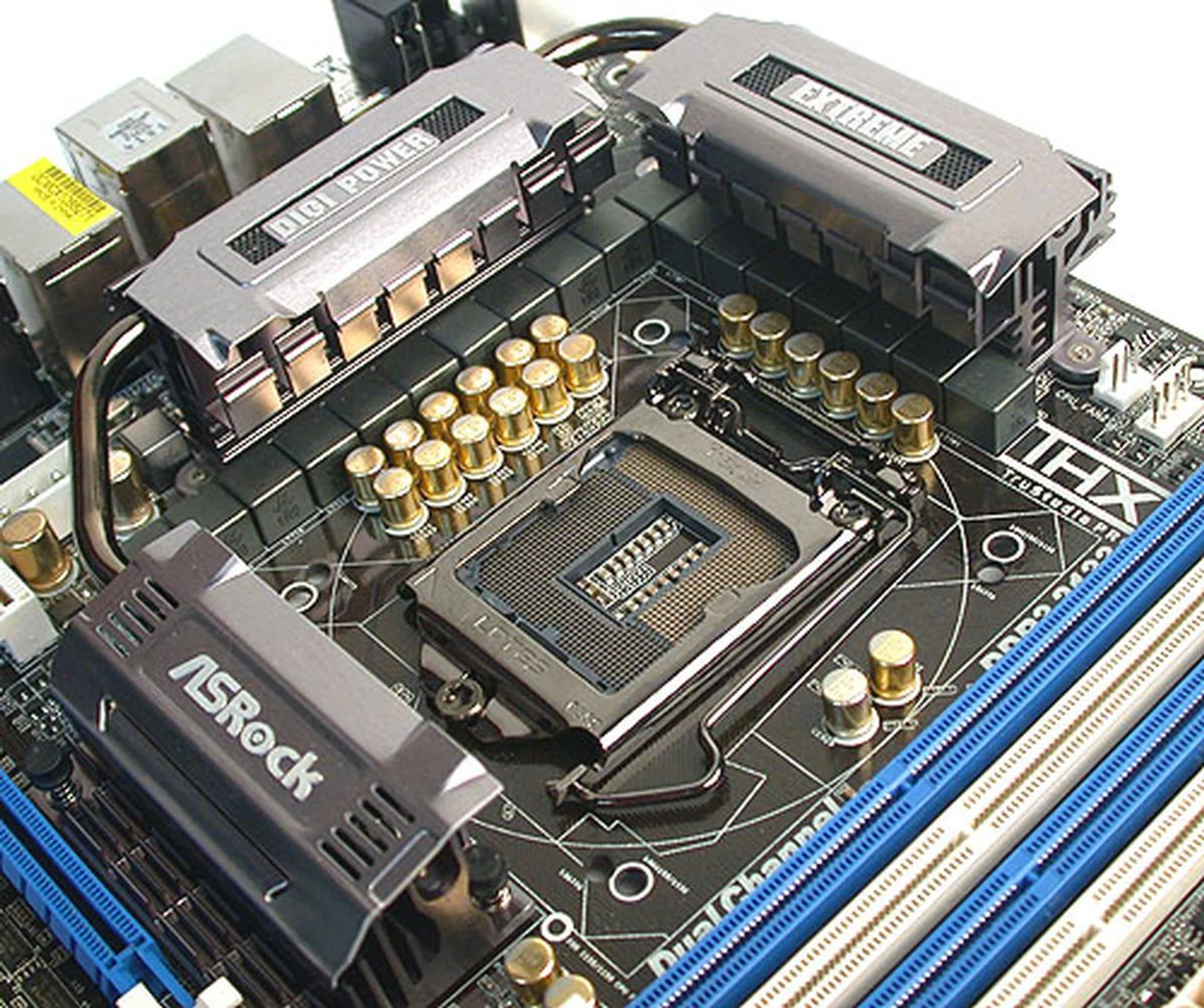 Gold tipped solid capacitors from Japan complement the 16+2 power phases that this motherboard is capable of producing. No doubt, ASRock has done its homework about what's necessary for a high-end motherboard.