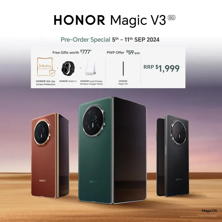 (L to R) Honor Magic V3 in Silk Brown, Mossy Green, and Classic Black. Image: Honor Singapore.