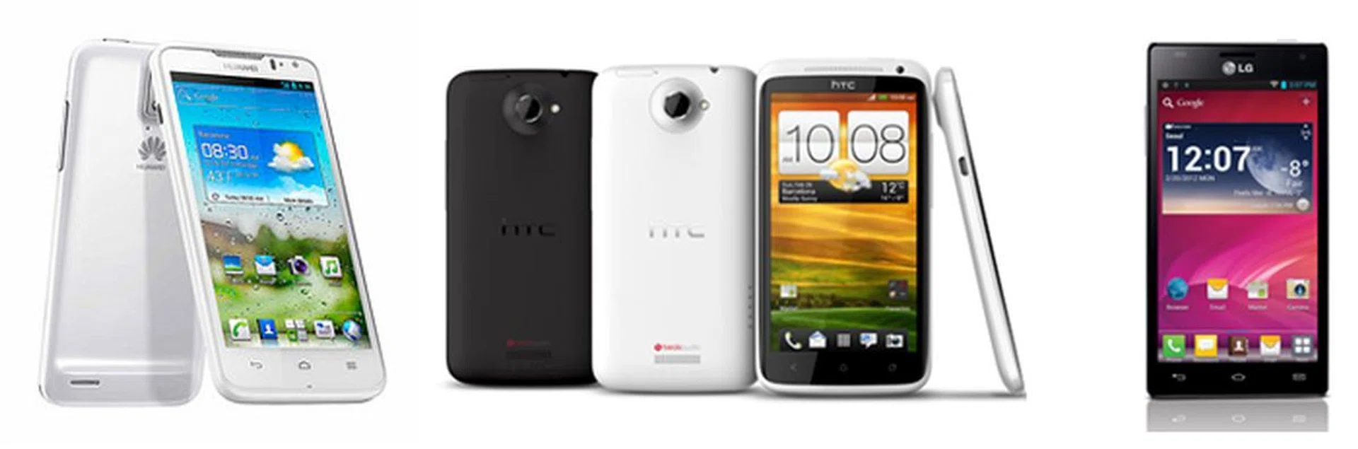 Meet the quad-core family: from left, Huawei Ascend D Quad, HTC One X and LG Optimus 4X HD.