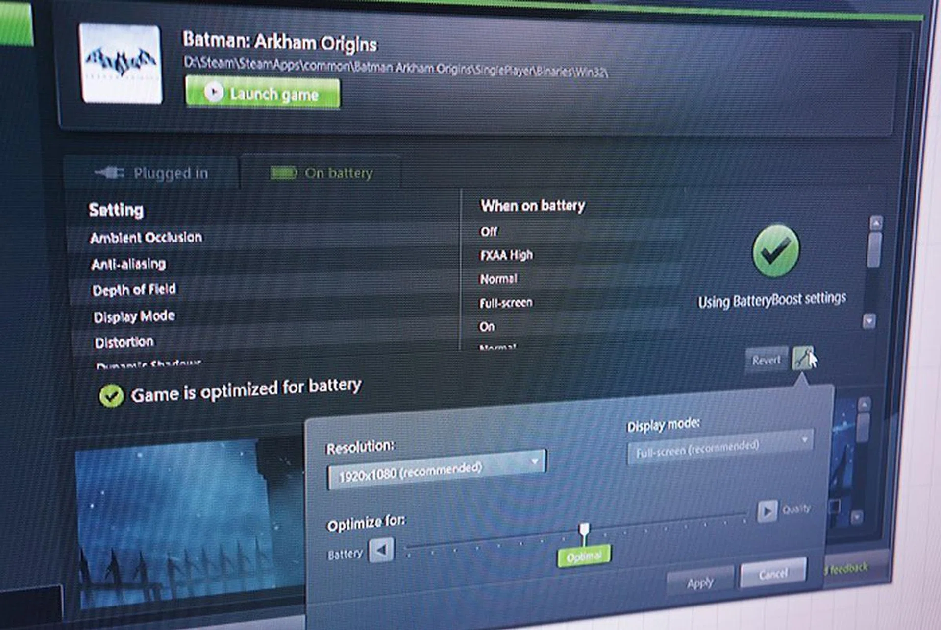 Toggling over to the On Battery tab, which had optimized settings preloaded, we peer into the settings tab to find that the overall optimization slider is now parked right in the midway. And if you compare the settings listed, you will note that it’s a lot more toned down than the photos earlier which show settings when gaming on tethered power.