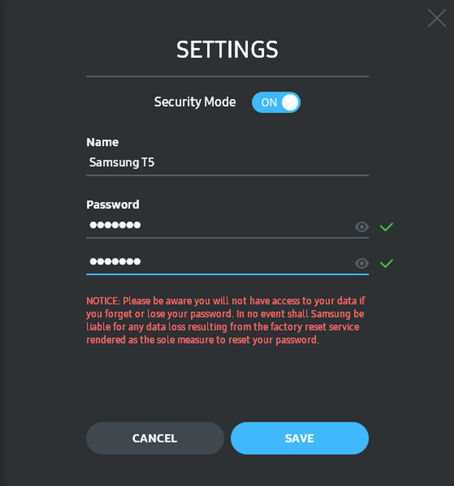 The Portable SSD T5 comes with a simple but effective password protect feature.