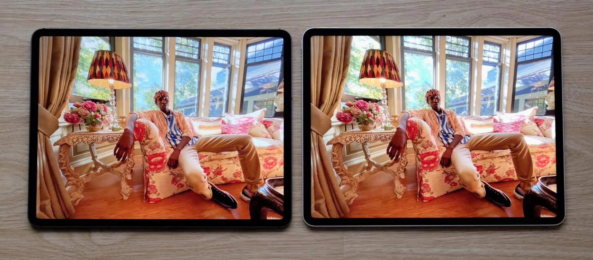 New iPad Pro on the right. Notice how bright the sunlight coming through the windows are.