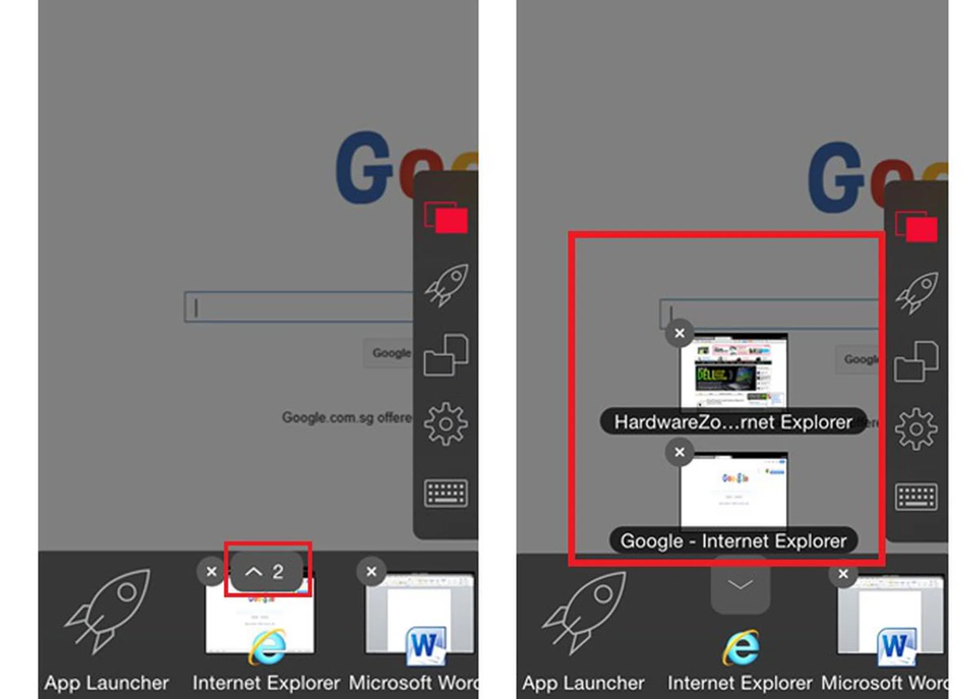 If you have more than one window open in a particular app, you can click on the arrow to view the windows and jump to the exact one you need.
