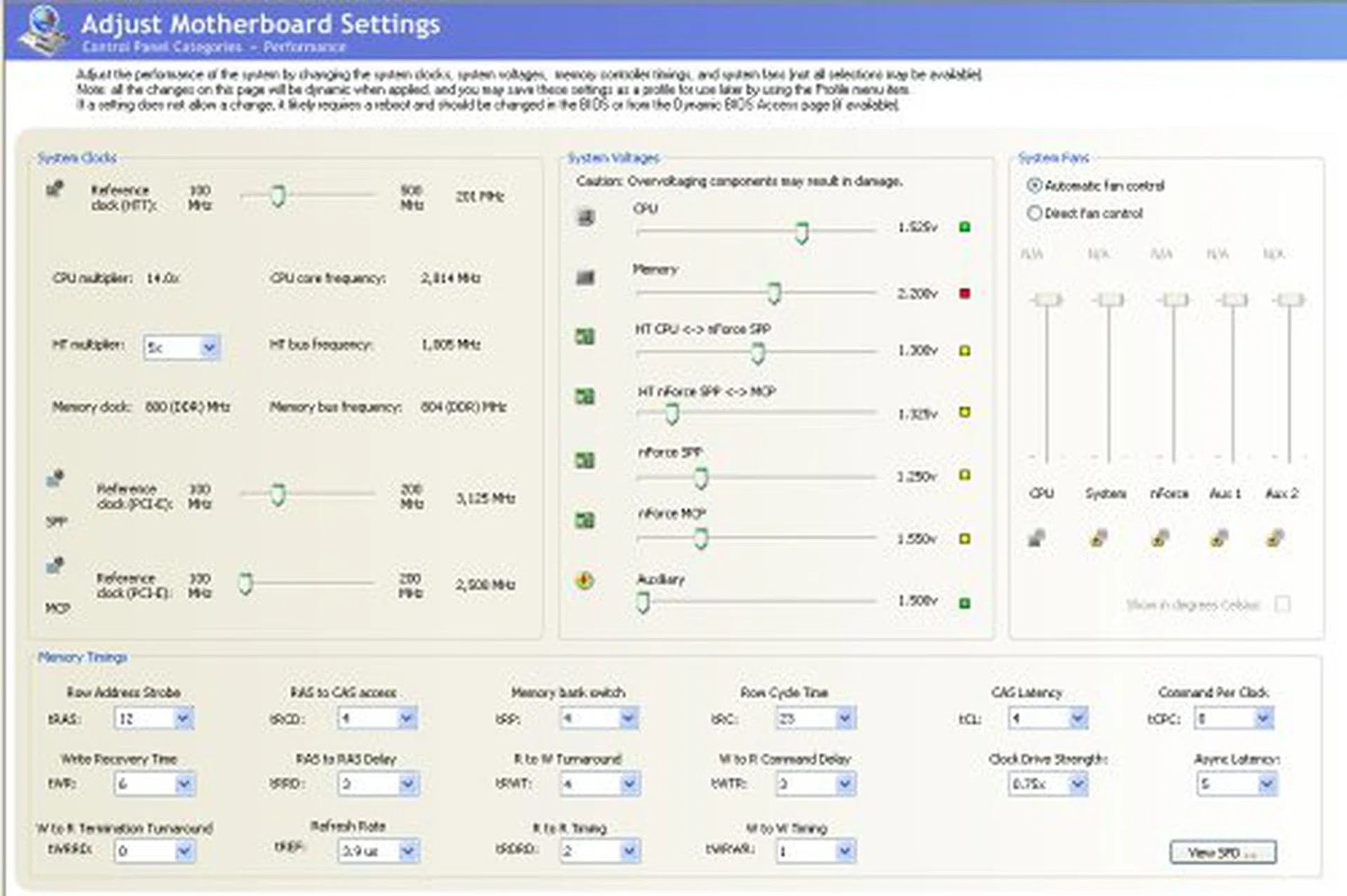 nTune 5.0 now comes with more advanced access to options for motherboard and graphics card tuning. Notice a button to check SPD timings, which also doubles up to relay EPP timings as well and that's most handy to check upon the capabilities of an EPP compliant memory module. Click on image to enlarge. 