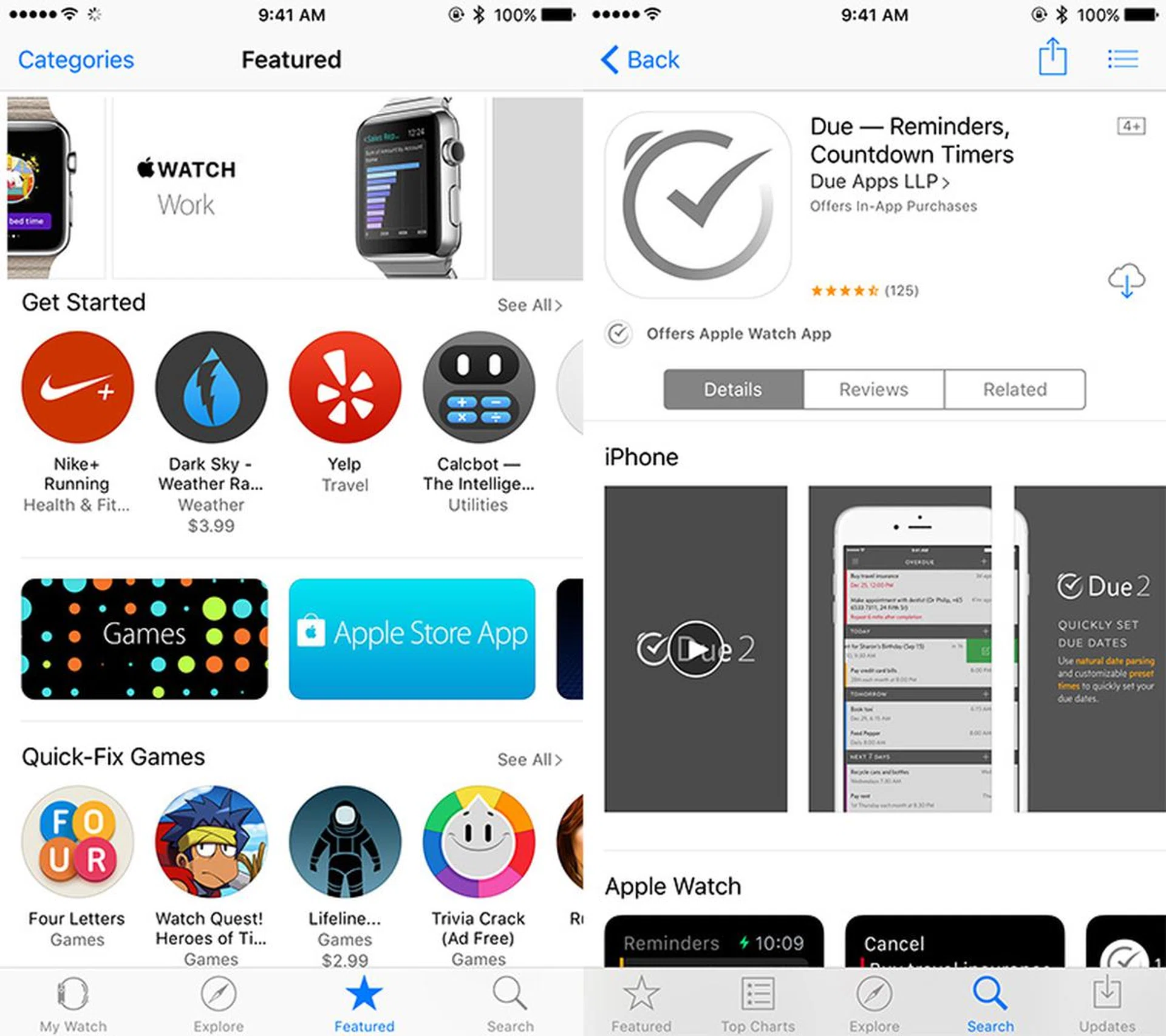 Left: The iPhone's Apple Watch app's Featured section is the best place to discover Watch apps. Right: iPhone apps that offer a Watch app will have a round app icon with the words 'Offers Apple Watch App' below the main app icon.