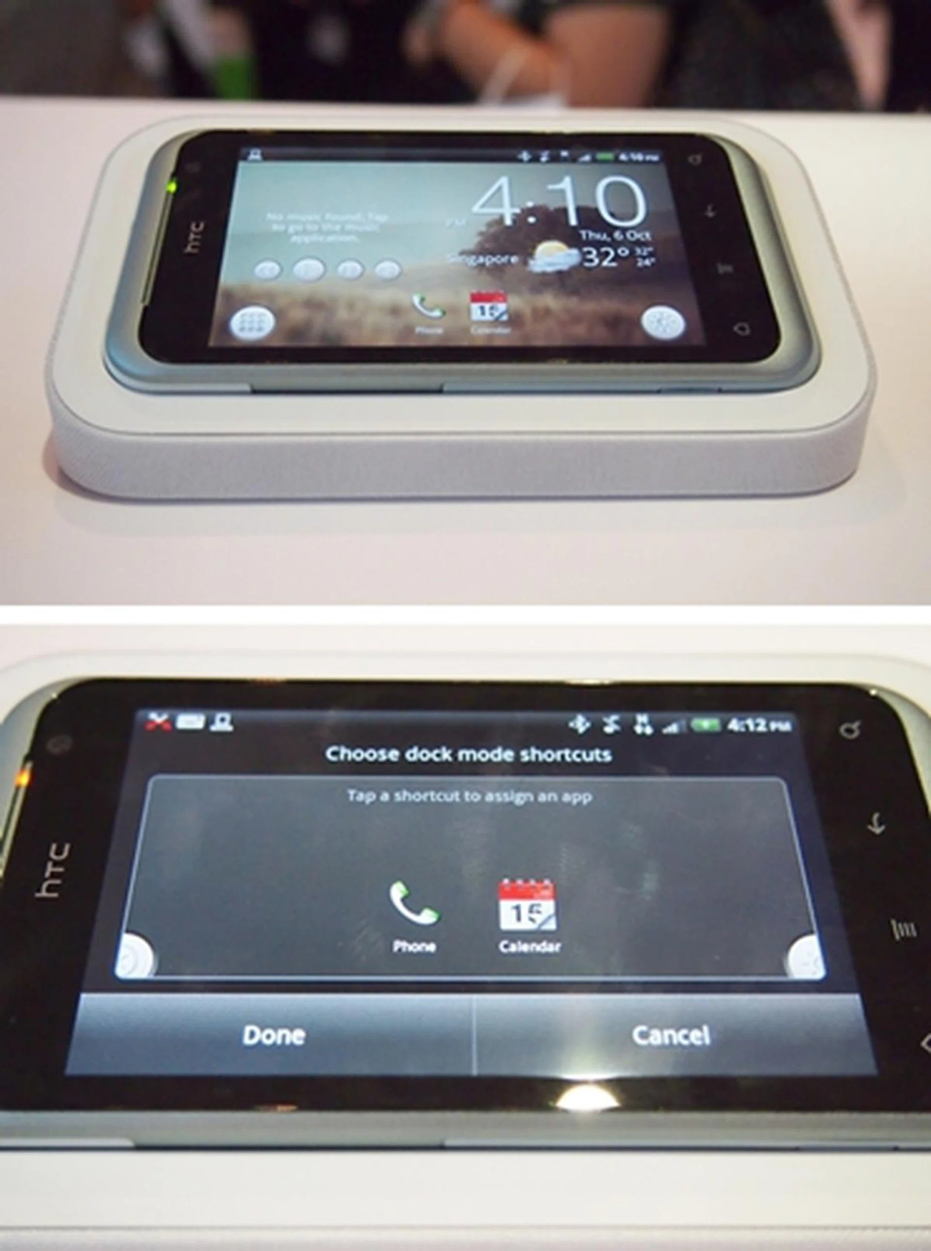 While in the dock mode, the HTC Rhyme retains some of its smartphone features... in a non-obtrusive fashion. You can access your apps via the extreme left bottom icon; on the other hand, you can assign two app shortcuts to the main screen.  