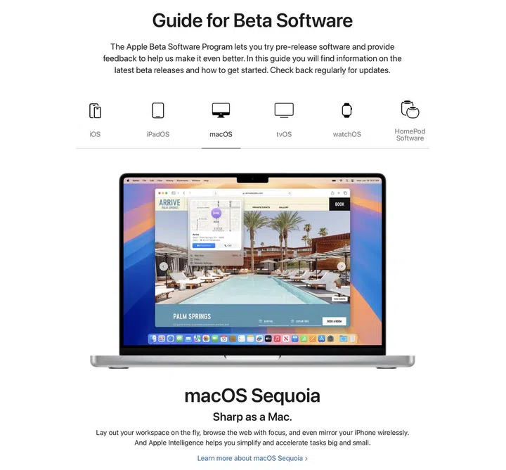 Sign to the Apple Beta Software Program and you'll be greeted with this page. Photo: HWZ