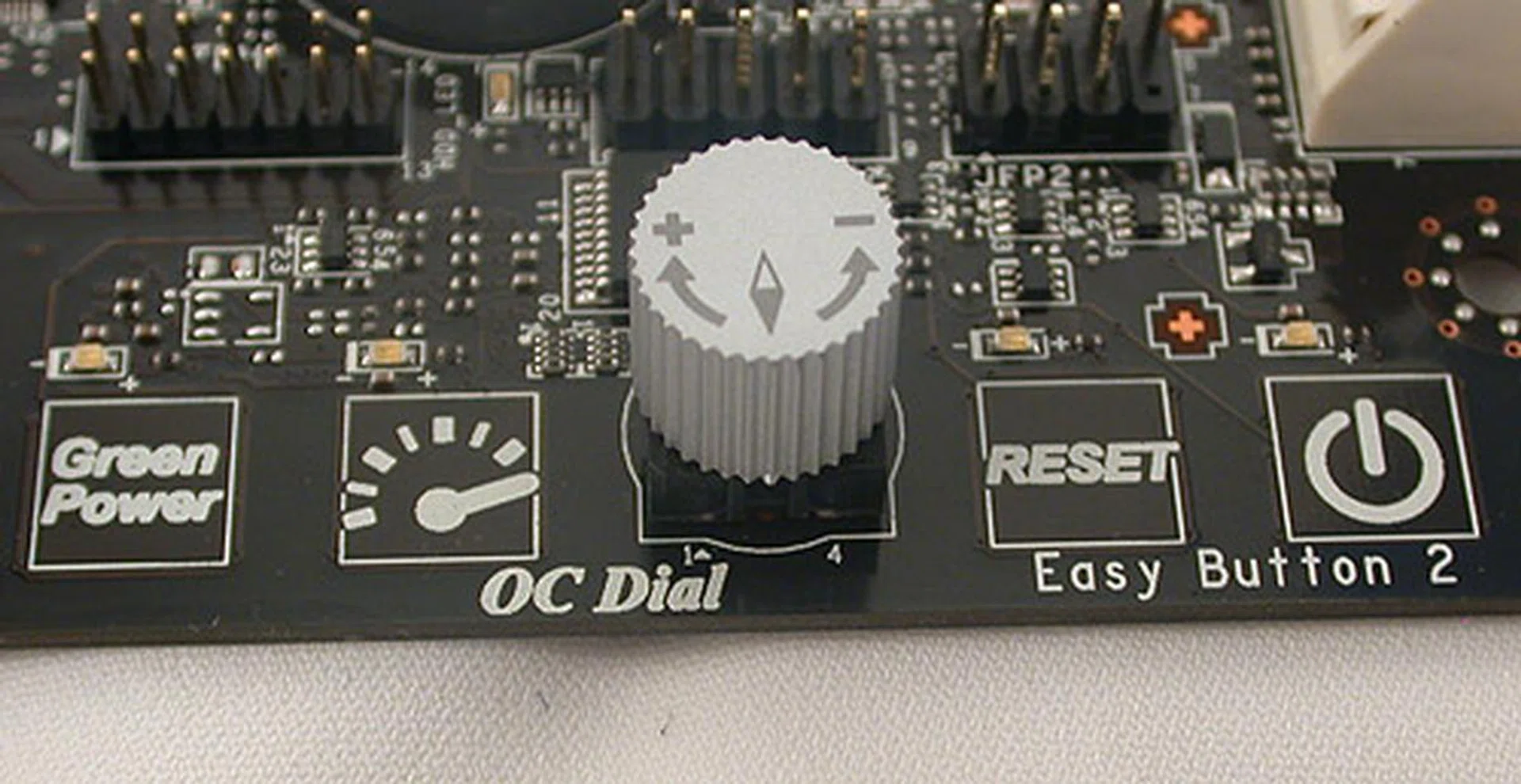 MSI has gone with such 'touch' buttons for power, reset and its own OC Dial and Green Power features for a while now. The OC Dial allows on-the-fly tweaking of the base clock frequency. 