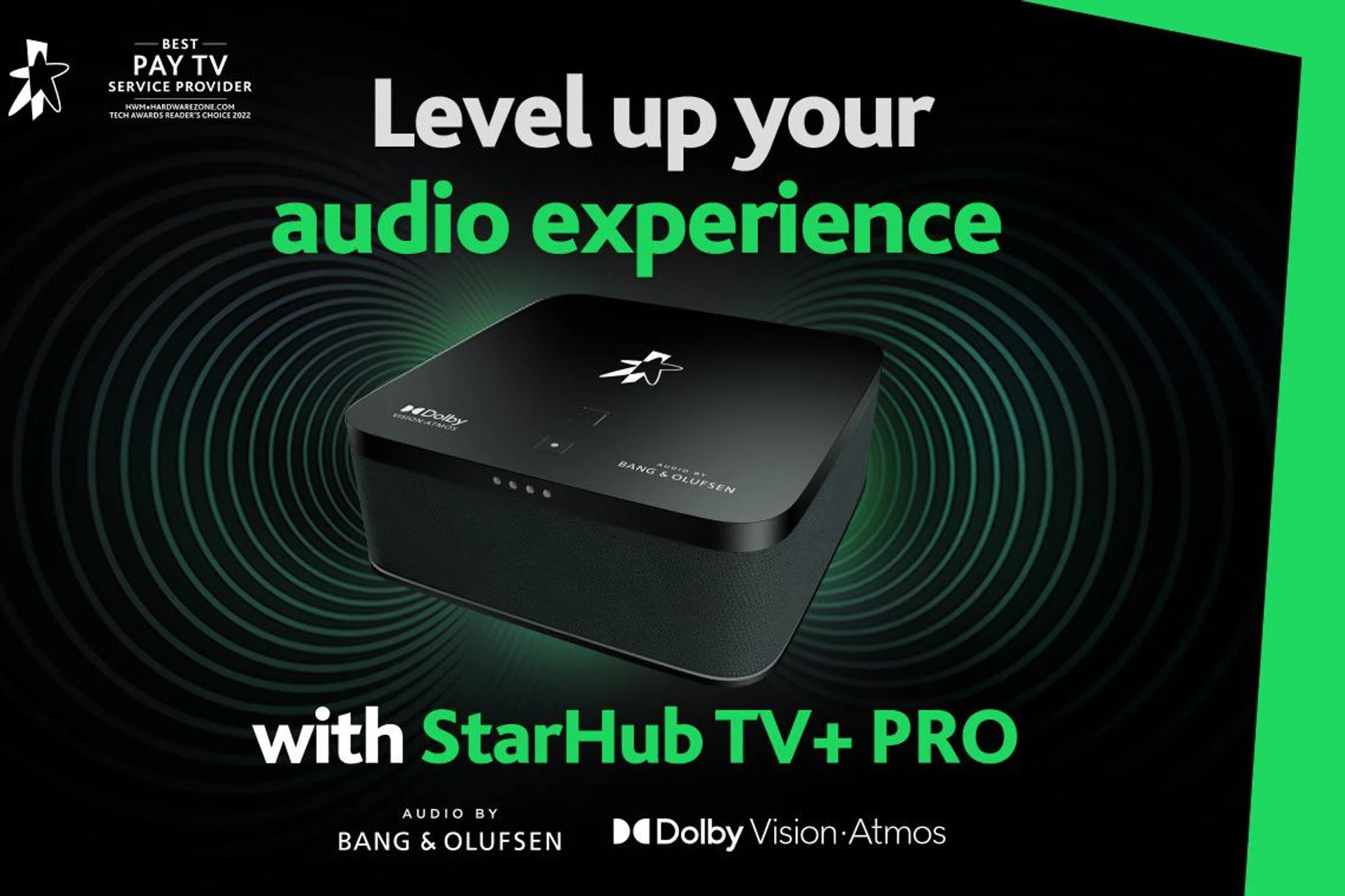 The set-top box comes enhanced with Dolby Atmos and Dolby Vision, and audio tuning by Bang & Olufsen. Image source: StarHub. 