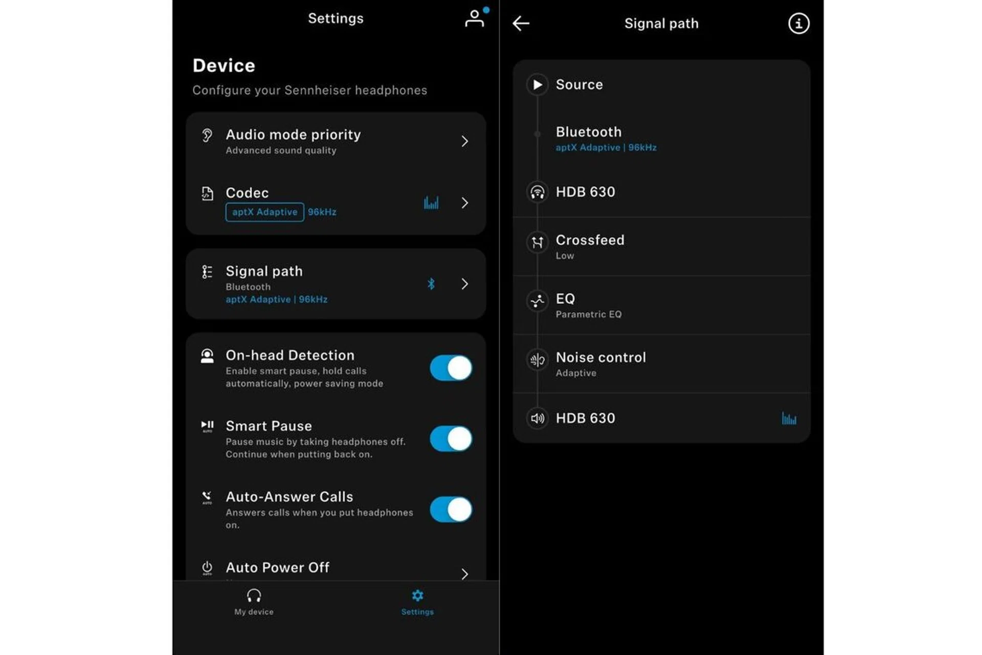 Screengrab of the Sennheiser SmartControl Plus app showcasing the various settings offered by the Sennheiser HDB 630 