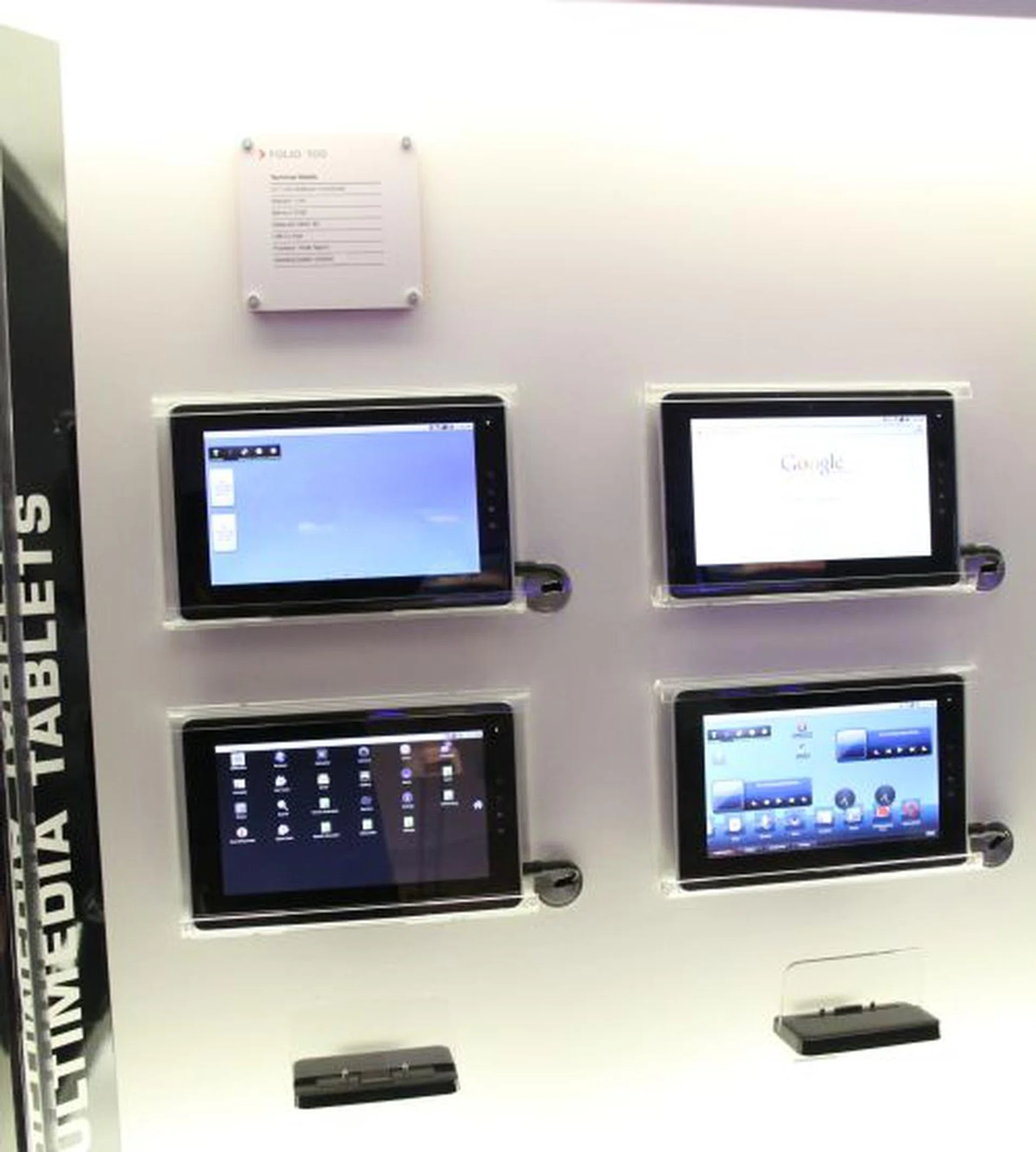 Here's another shot of the Folio 100 tablets by Toshiba. Previously known as the SmartPad, the Folio 100 is a 10.1-inch multitouch screen device with a 1.3-megapixel Web camera, 16GB memory, SD/MMC card slot and USB 2.0 slot.