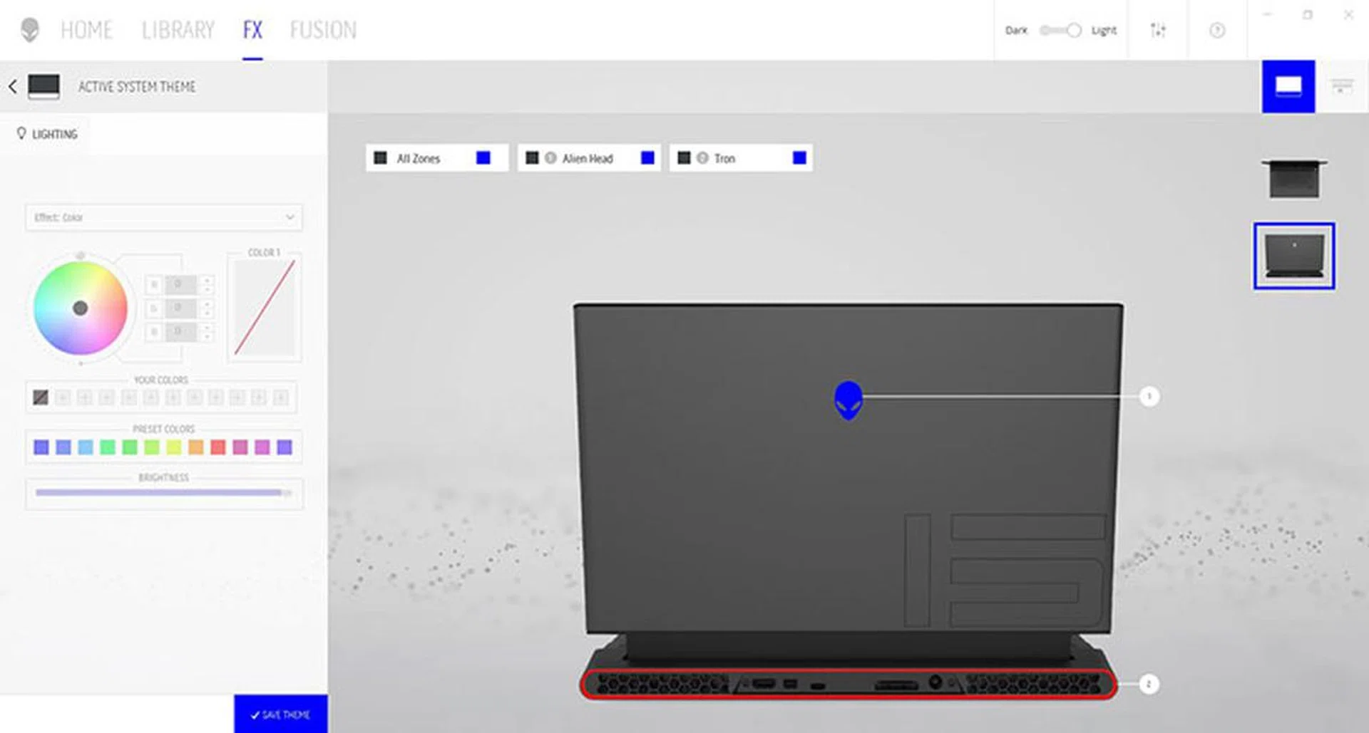 You can customise all the lights in the Alienware Command Center.