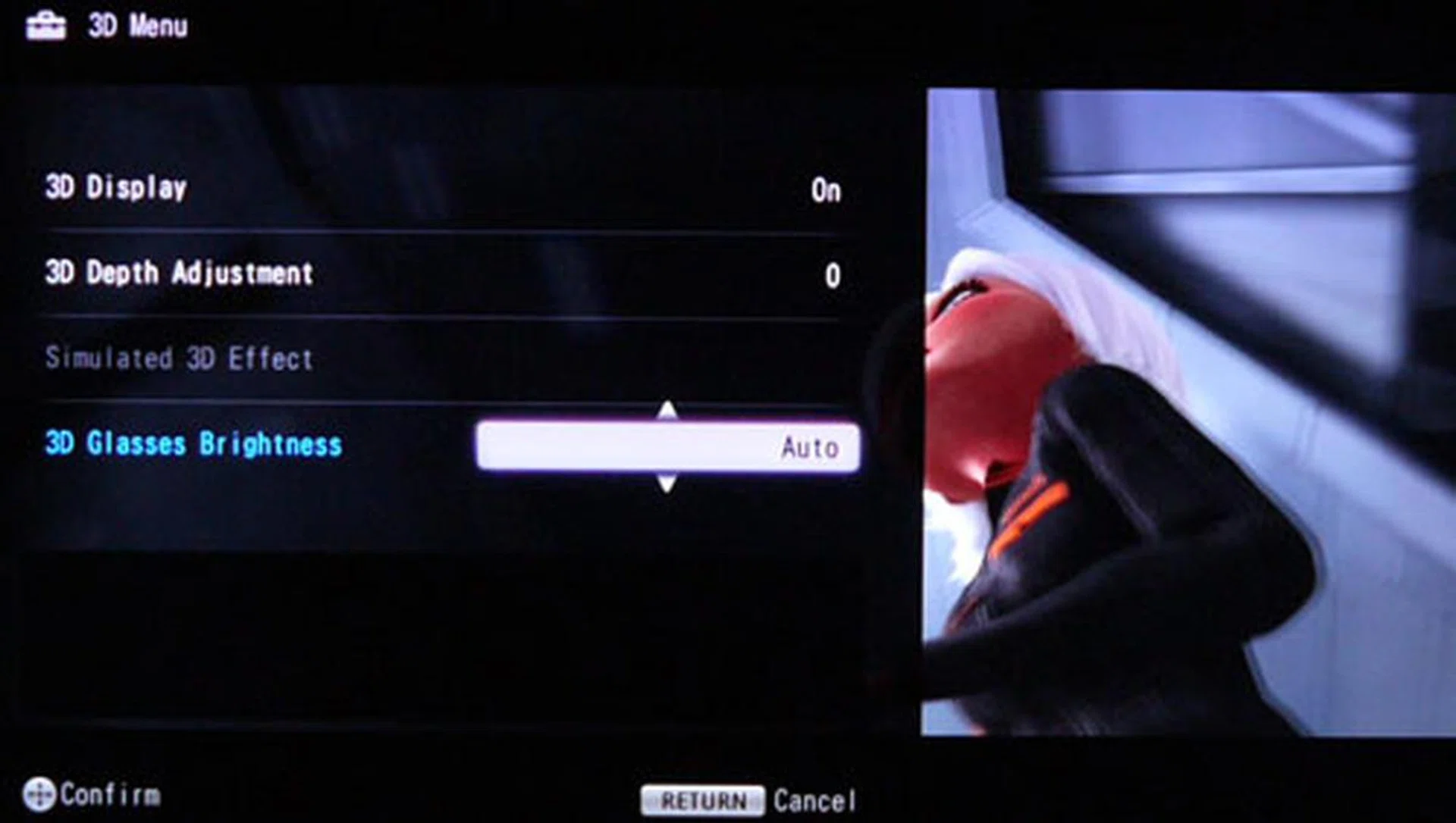 Hit the 3D button on the remote to summon a basic interface for the TV’s 3D settings. From here, you may adjust the 3D display, 3D Depth Adjustment, or 3D Glasses Brightness. The latter actually changes the screen’s brightness rather than the glasses themselves. 