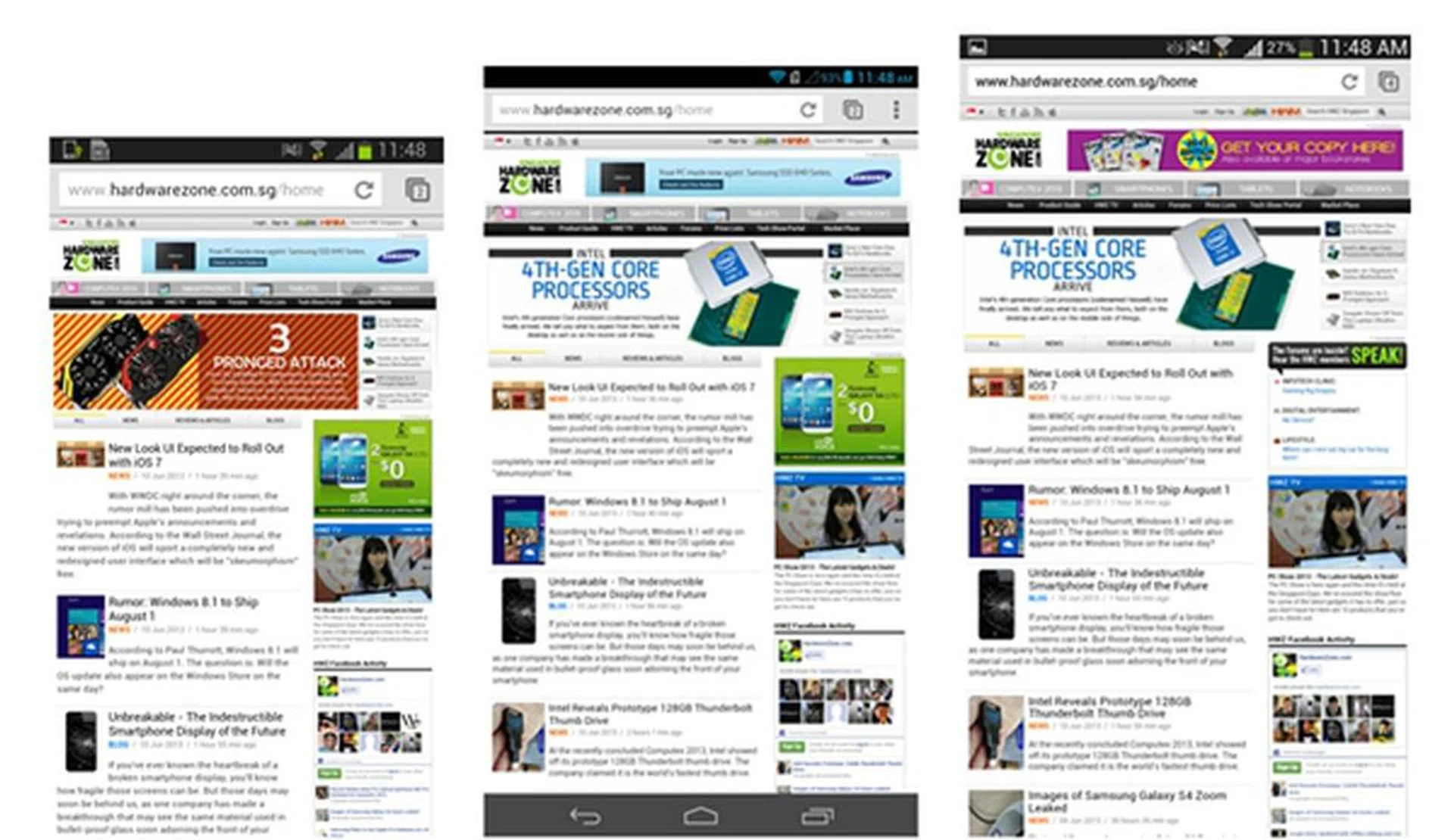Seen here are the screenshots taken from the Chrome browser of the Samsung Galaxy Note II (left), Huawei Ascend Mate (center) and Samsung Galaxy Mega with LTE (right).