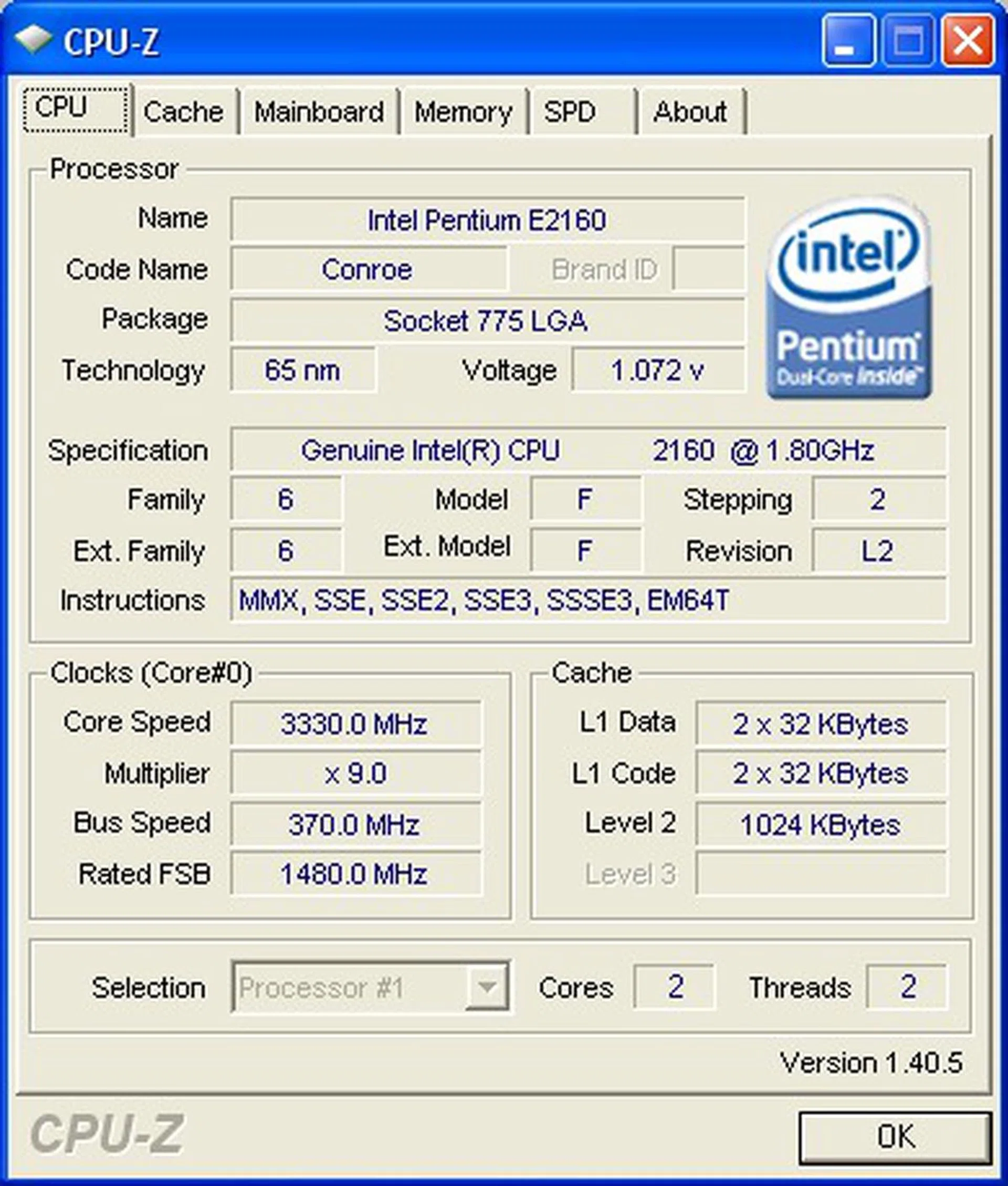 And there you have it folks - 3.33GHz out of an entry-level E2160 dual-core processor.